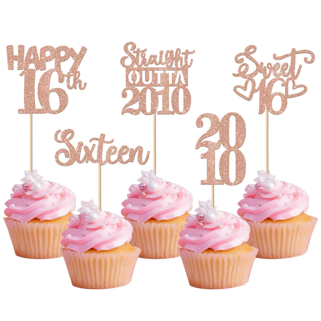 ZHUOWEISM 30PCS Glitter 16th Birthday Cupcake Toppers | Straight Outta 2010, Rose Gold