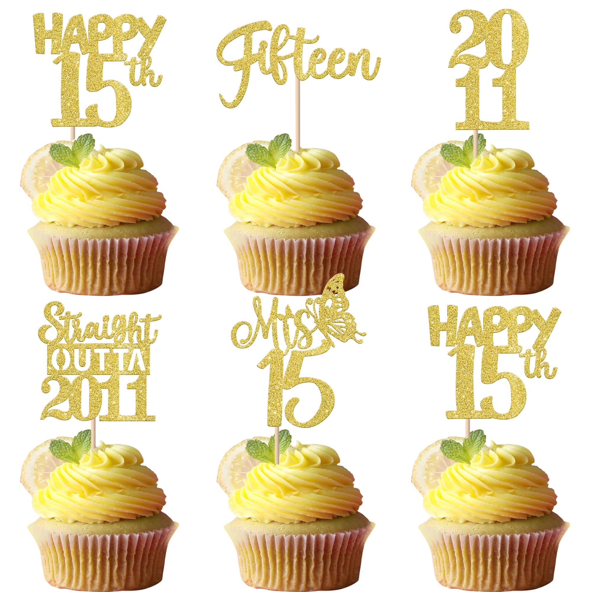 ZHUOWEISM 30Pcs Straight Outta 2011 Cupcake Toppers – Gold Glitter for 15th Birthday