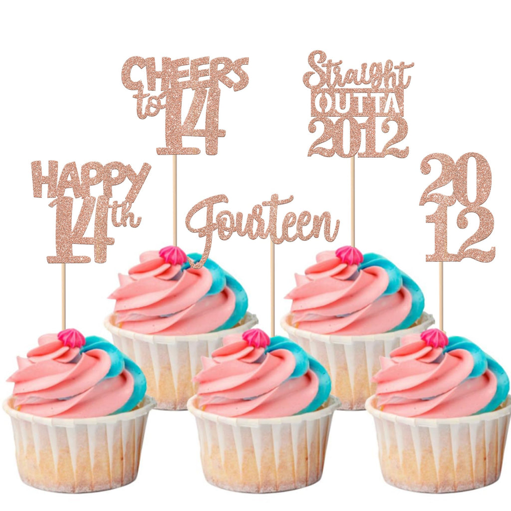 ZHUOWEISM 30Pcs Glitter 14th Birthday Cupcake Toppers - Rose Gold, Straight Outta 2012 Party Picks