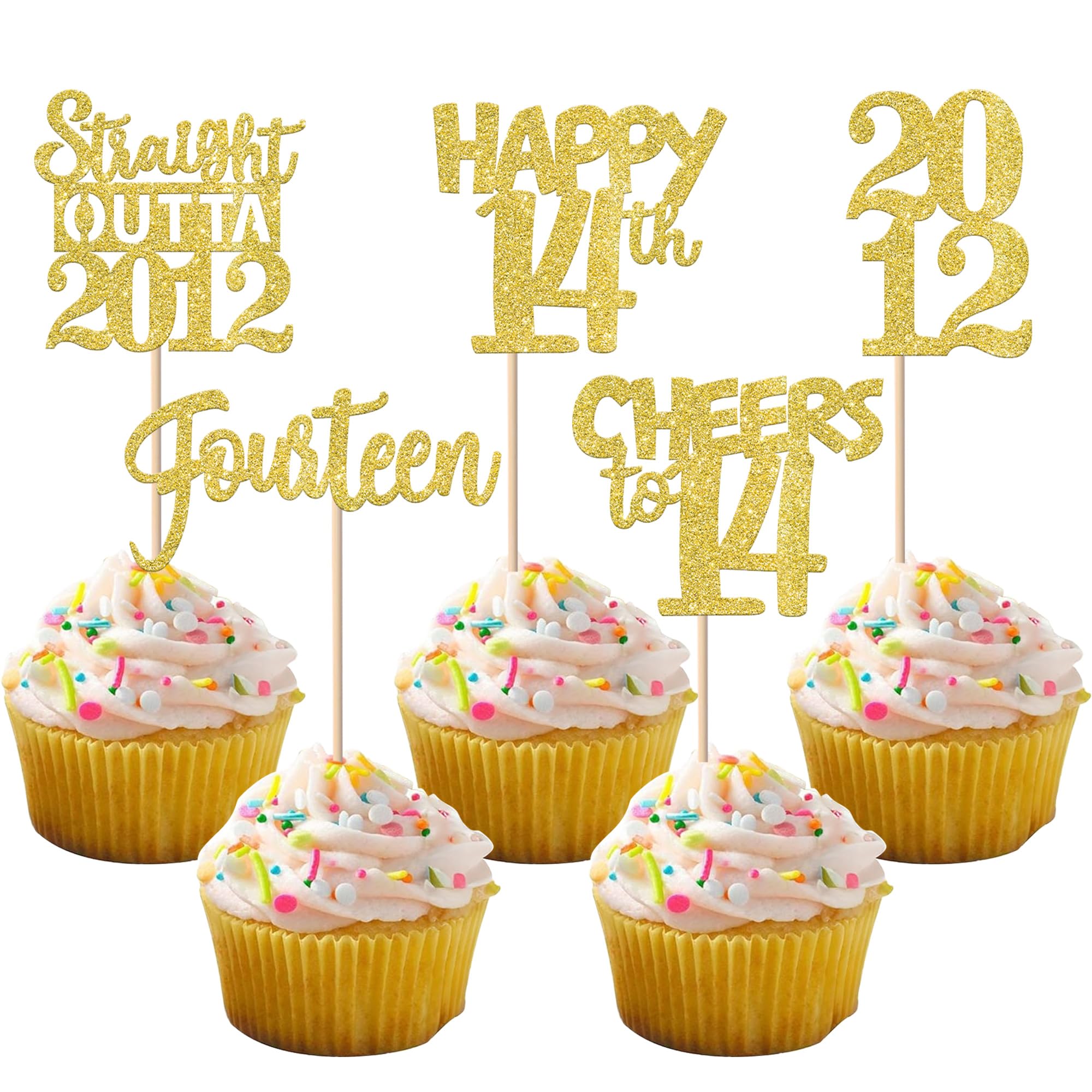 ZHUOWEISM 30Pcs Straight Outta 2012 Cupcake Toppers – Gold Glitter 14th Birthday Party Picks