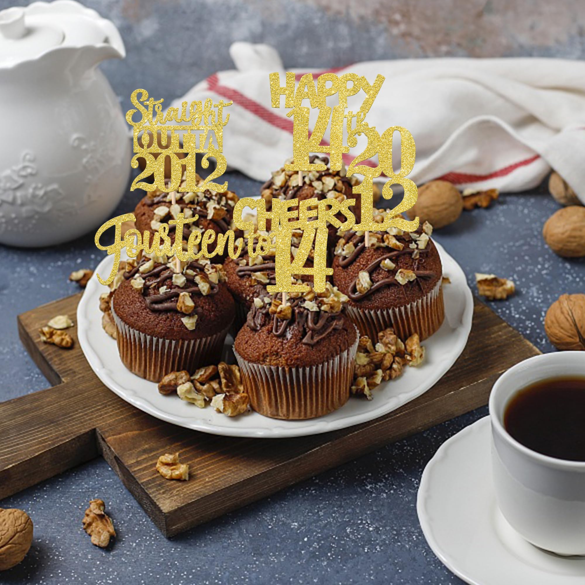 ZHUOWEISM 30Pcs Straight Outta 2012 Cupcake Toppers – Gold Glitter 14th Birthday Party Picks