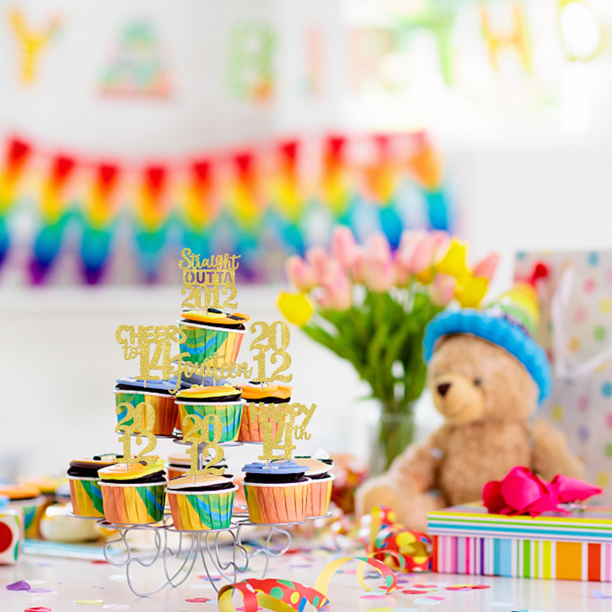ZHUOWEISM 30Pcs Straight Outta 2012 Cupcake Toppers – Gold Glitter 14th Birthday Party Picks