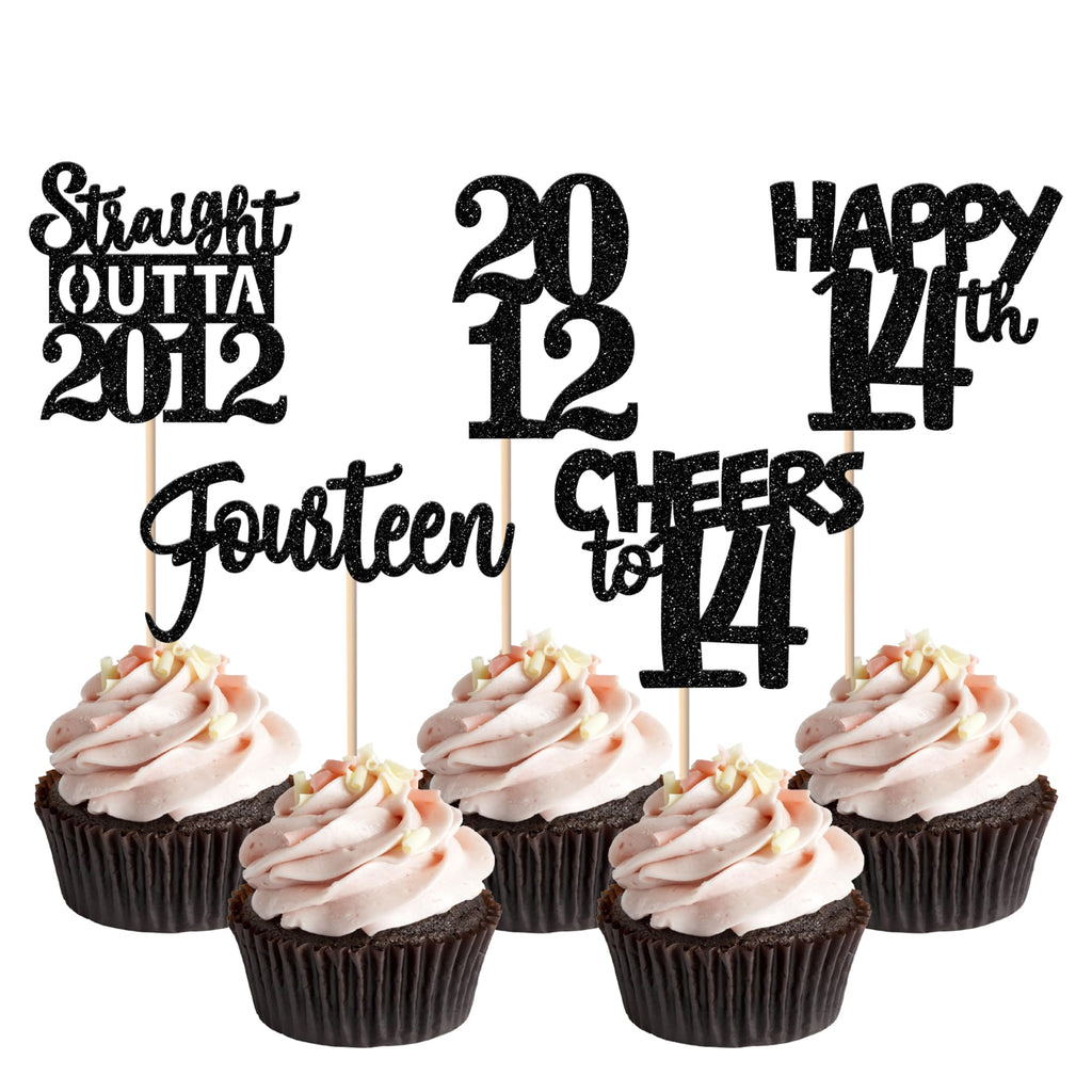 ZHUOWEISM 30pcs Black Glitter Cupcake Toppers – Straight Outta 2012 for 14th Birthday & Anniversary