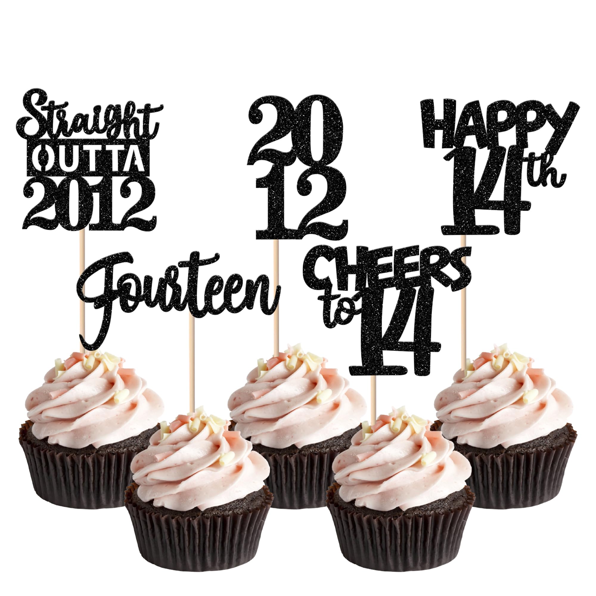 ZHUOWEISM 30pcs Black Glitter Cupcake Toppers – Straight Outta 2012 for 14th Birthday & Anniversary