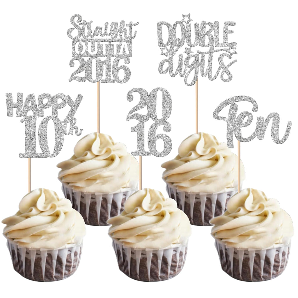 ZHUOWEISM 30Pcs Glitter Cupcake Toppers – Straight Outta 2016, 10th Birthday & Anniversary Picks, Silver