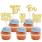 ZHUOWEISM 30Pcs Straight Outta 2016 Cupcake Toppers – Gold Glitter for 10th Birthday Party