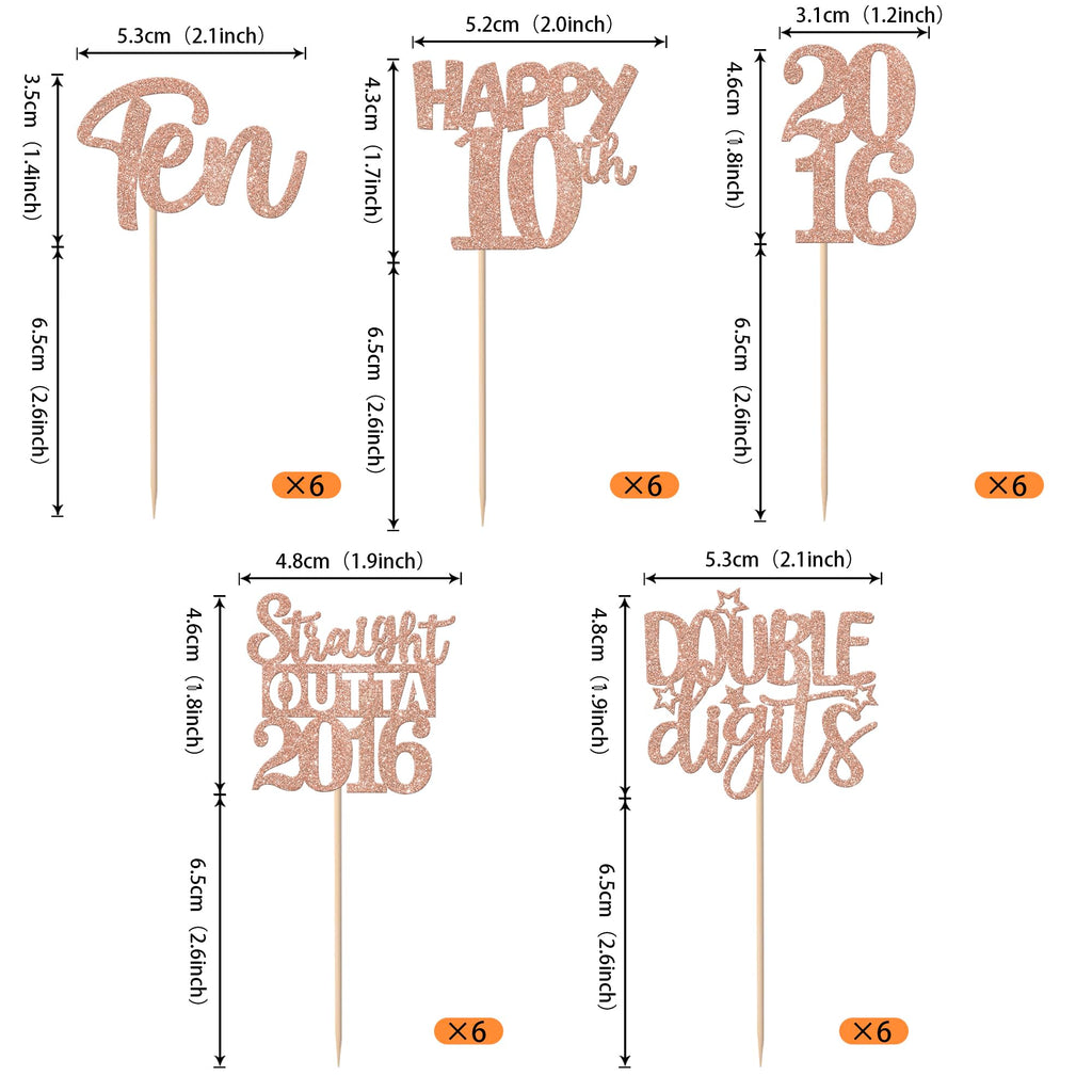 ZHUOWEISM 30Pcs Glitter Ten Happy 10th Birthday Cupcake Toppers, Straight Outta 2016, Rose Gold