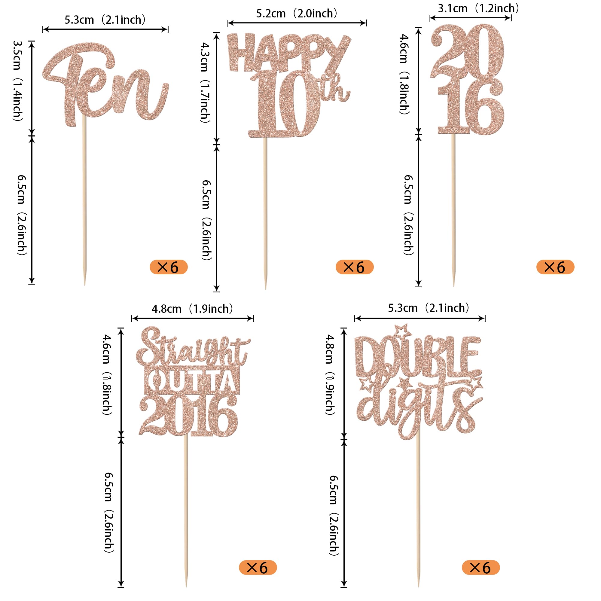 ZHUOWEISM 30Pcs Glitter Ten Happy 10th Birthday Cupcake Toppers, Straight Outta 2016, Rose Gold