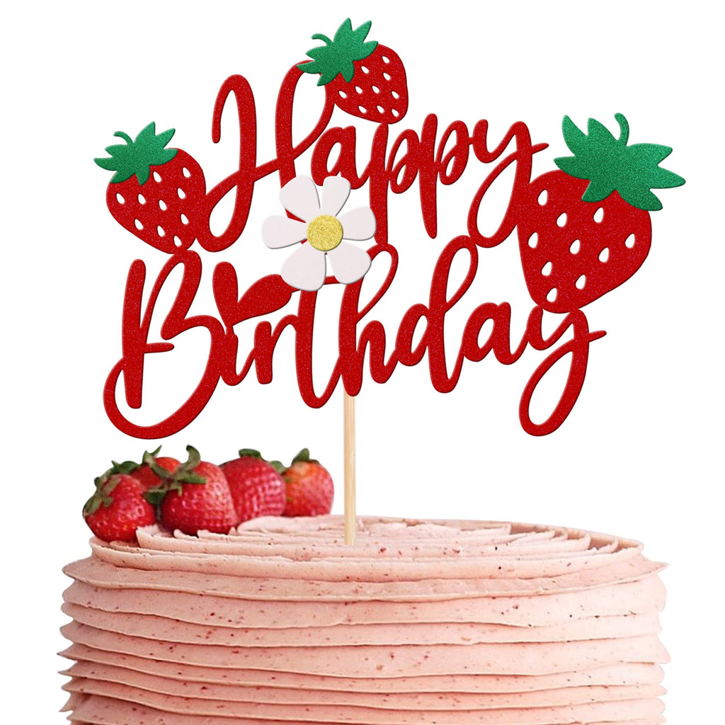 ZHUOWEISM Strawberry Happy Birthday Cake Topper – Glitter Flower, Fruit Theme Decoration