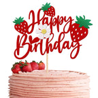 ZHUOWEISM Strawberry Happy Birthday Cake Topper – Glitter Flower, Fruit Theme Decoration