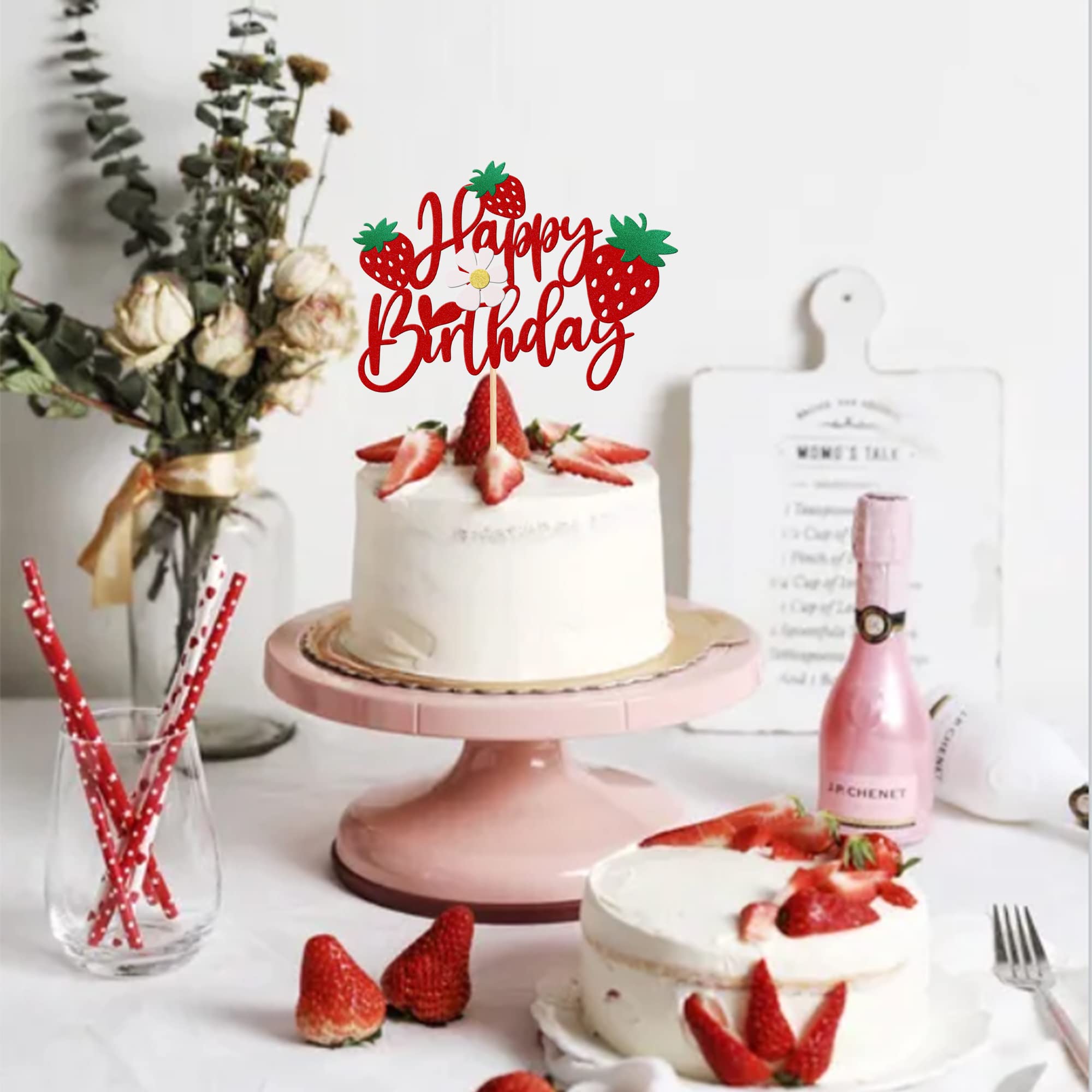ZHUOWEISM Strawberry Happy Birthday Cake Topper – Glitter Flower, Fruit Theme Decoration