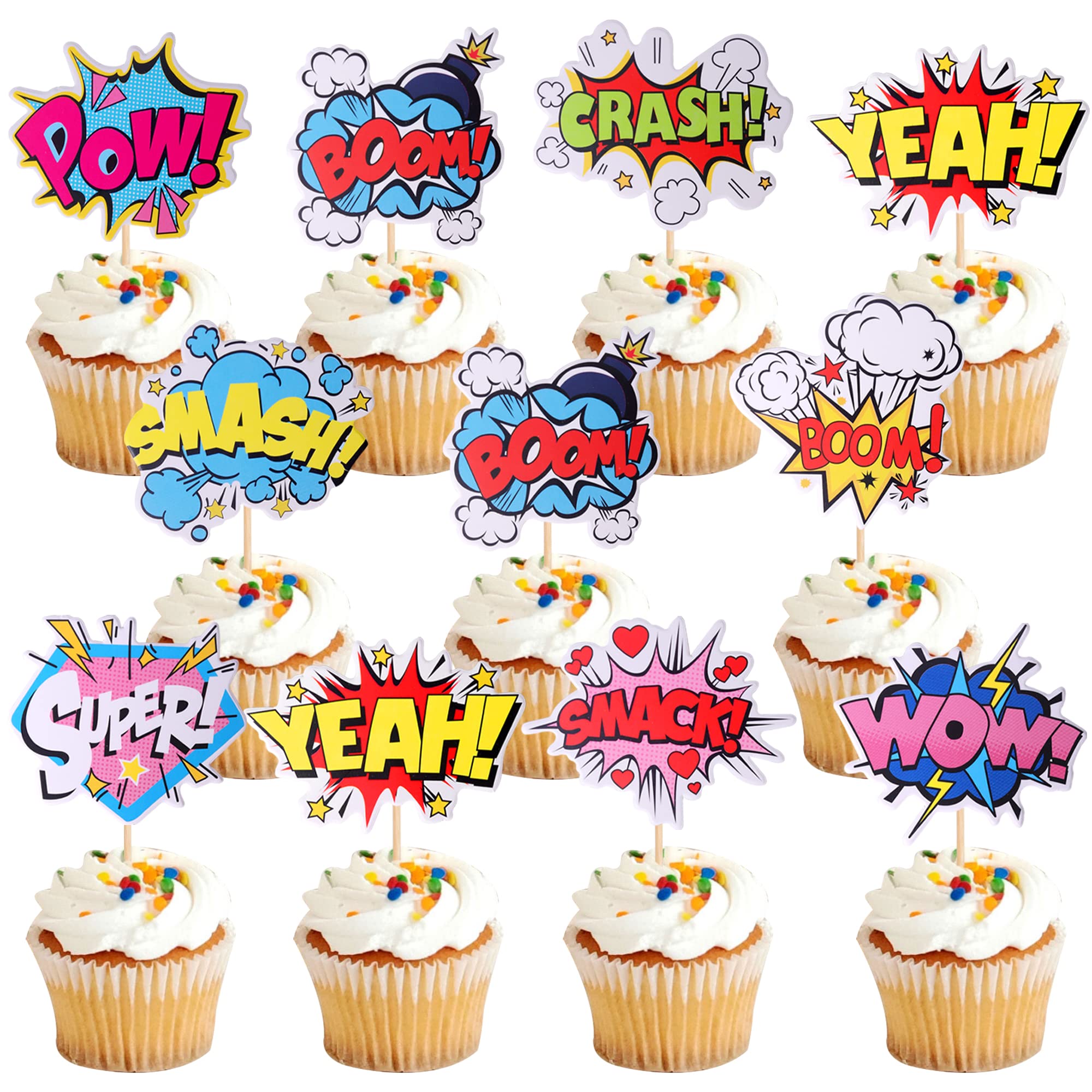 ZHUOWEISM 36 PCS Super Hero Boom Cupcake Toppers & Wrappers for Hero Theme Parties