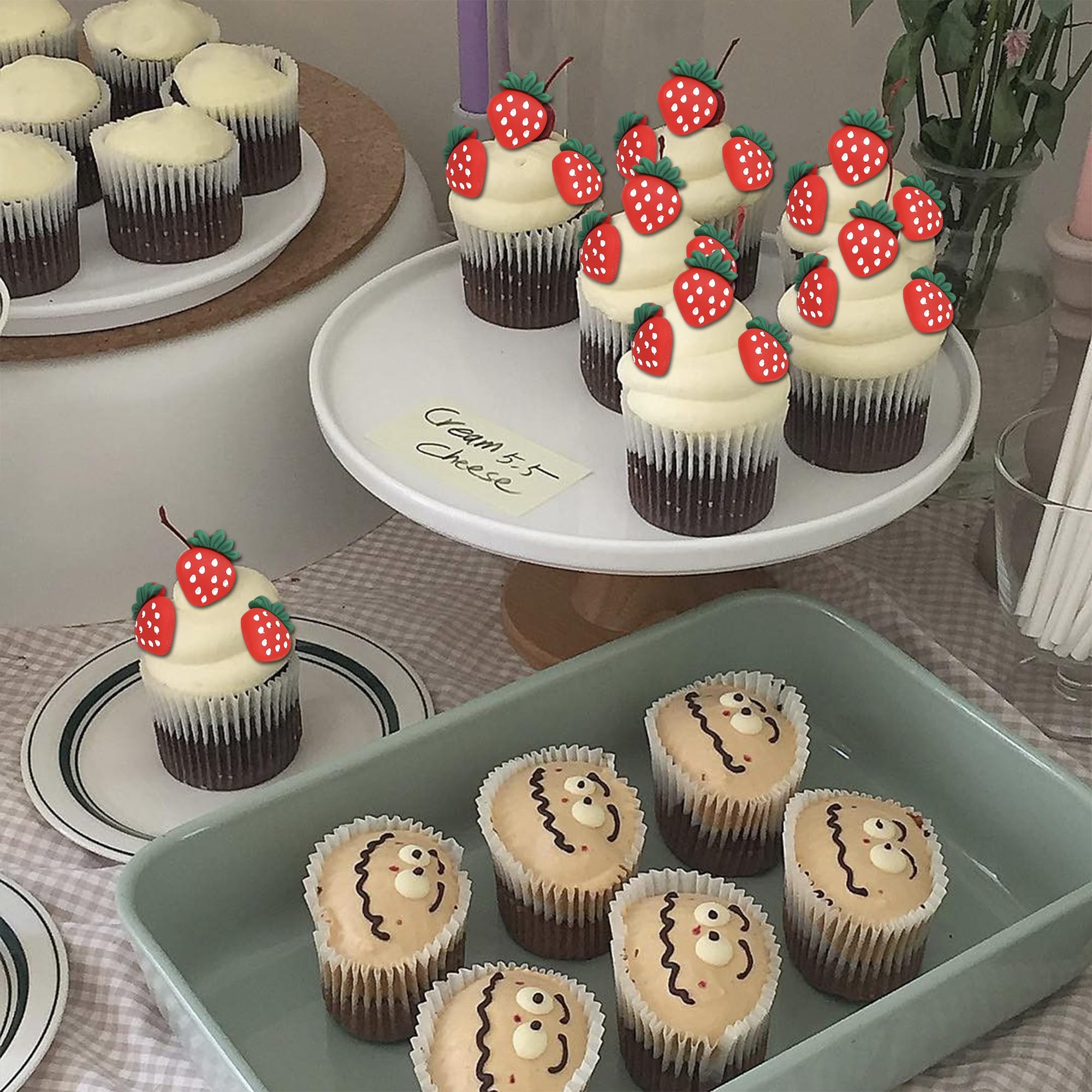 ZHUOWEISM 30 PCS Strawberry Cupcake Toppers - Red Berry Theme for Baby Showers & Birthday Cakes