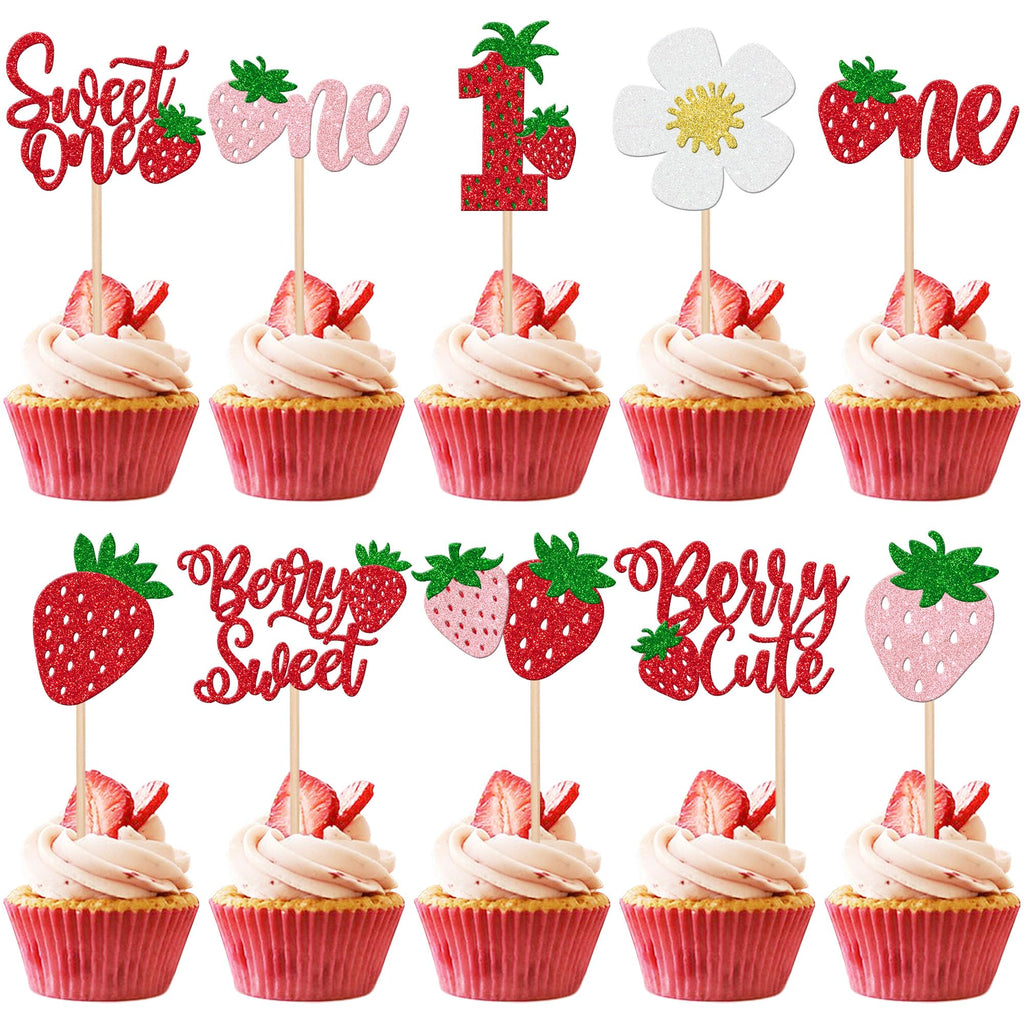 ZHUOWEISM 30 Pcs Sweet One Strawberry Cupcake Toppers – Glitter Berry Birthday Party Decor