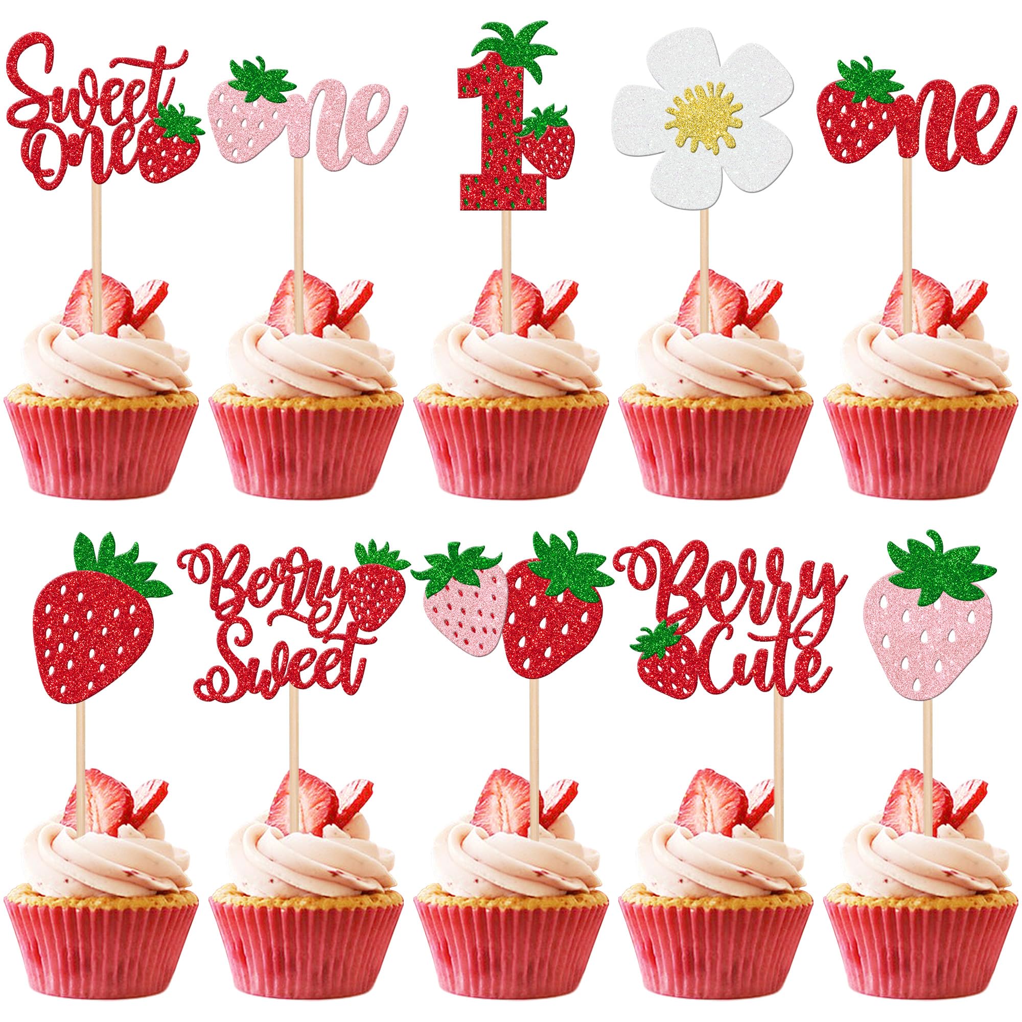 ZHUOWEISM 30 Pcs Sweet One Strawberry Cupcake Toppers – Glitter Berry Birthday Party Decor
