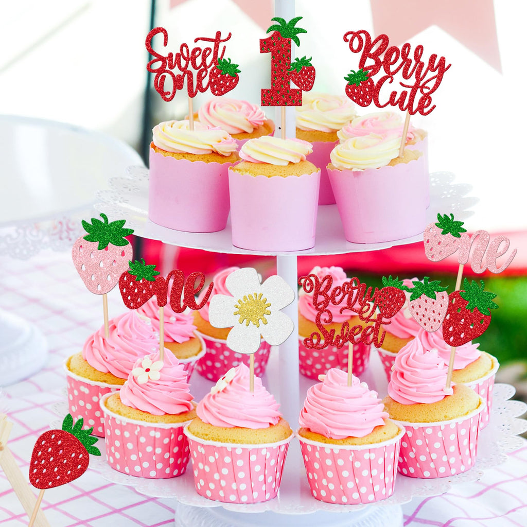 ZHUOWEISM 30 Pcs Sweet One Strawberry Cupcake Toppers – Glitter Berry Birthday Party Decor