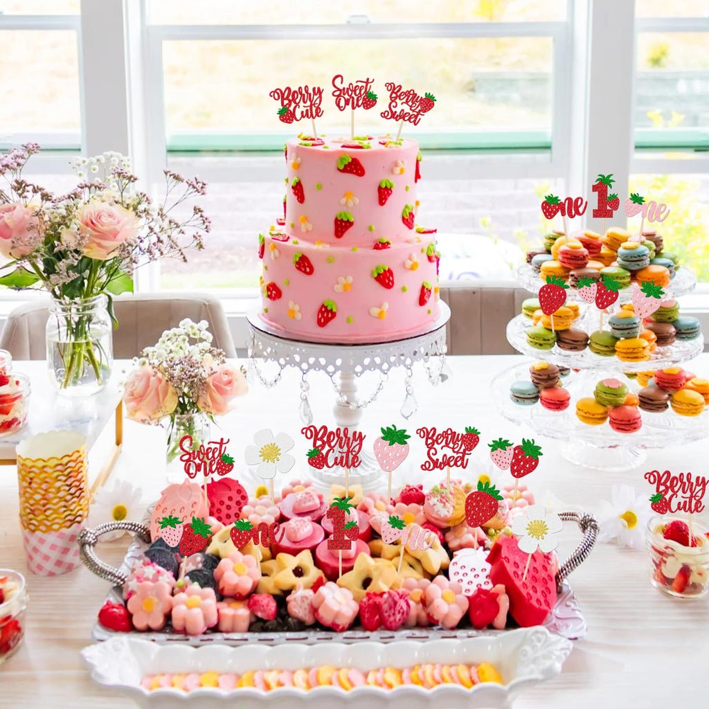 ZHUOWEISM 30 Pcs Sweet One Strawberry Cupcake Toppers – Glitter Berry Birthday Party Decor