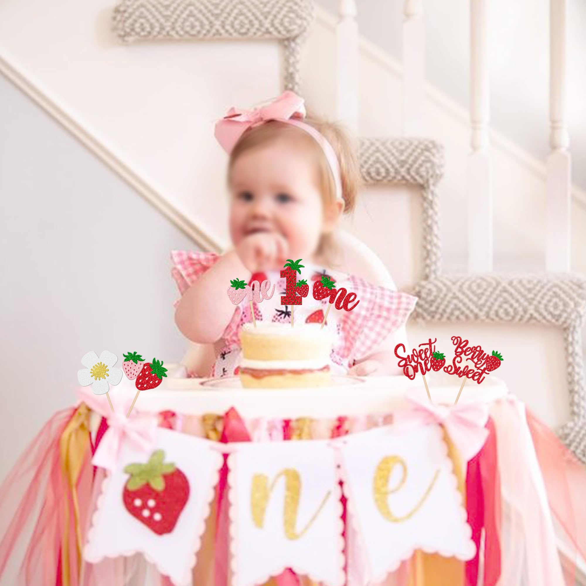 ZHUOWEISM 30 Pcs Sweet One Strawberry Cupcake Toppers – Glitter Berry Birthday Party Decor