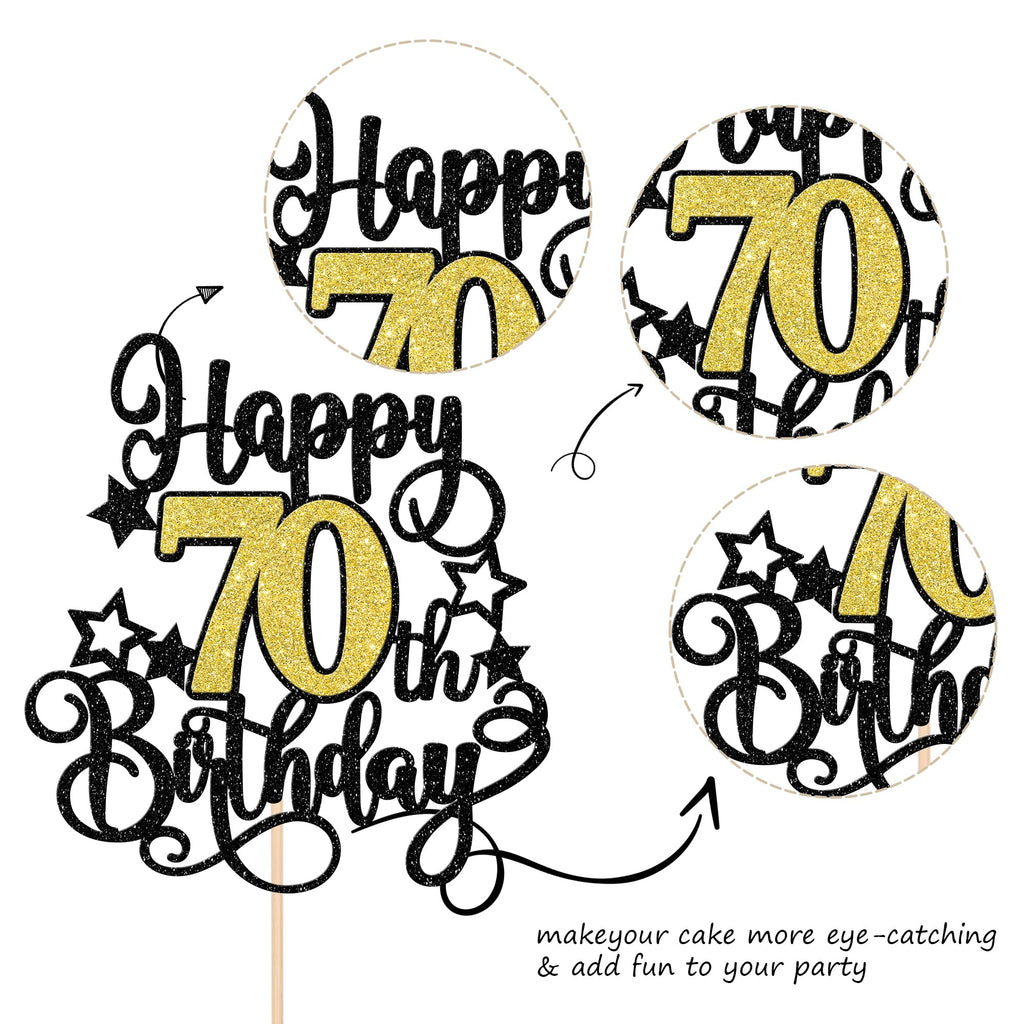ZHUOWEISM 1-Piece Happy 70th Birthday Cake Topper – Black Gold Glitter, Cheers to 70 Years