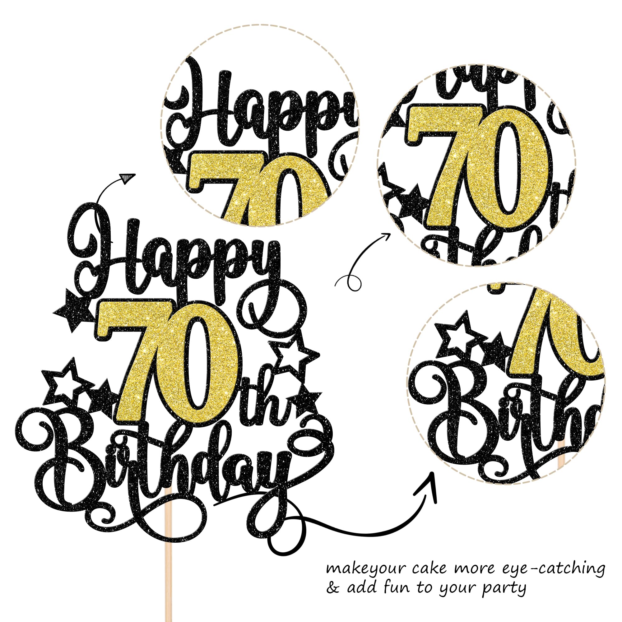 ZHUOWEISM 1-Piece Happy 70th Birthday Cake Topper – Black Gold Glitter, Cheers to 70 Years