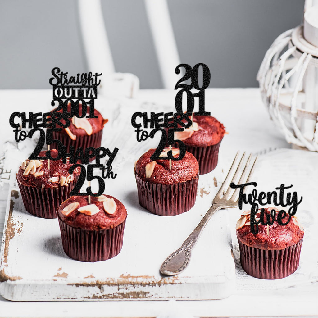 ZHUOWEISM 30Pcs Black Glitter Cupcake Toppers – Happy 25th Birthday, Straight Outta 2001, Party Cake Decorations