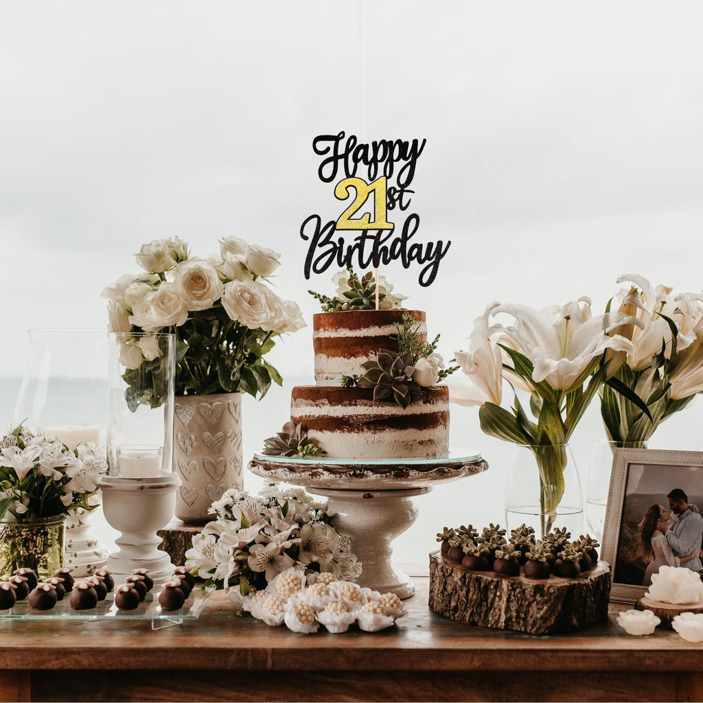 ZHUOWEISM 1 PCS Happy 21st Birthday Cake Topper – Black Gold Glitter, Cheers to 21 Years