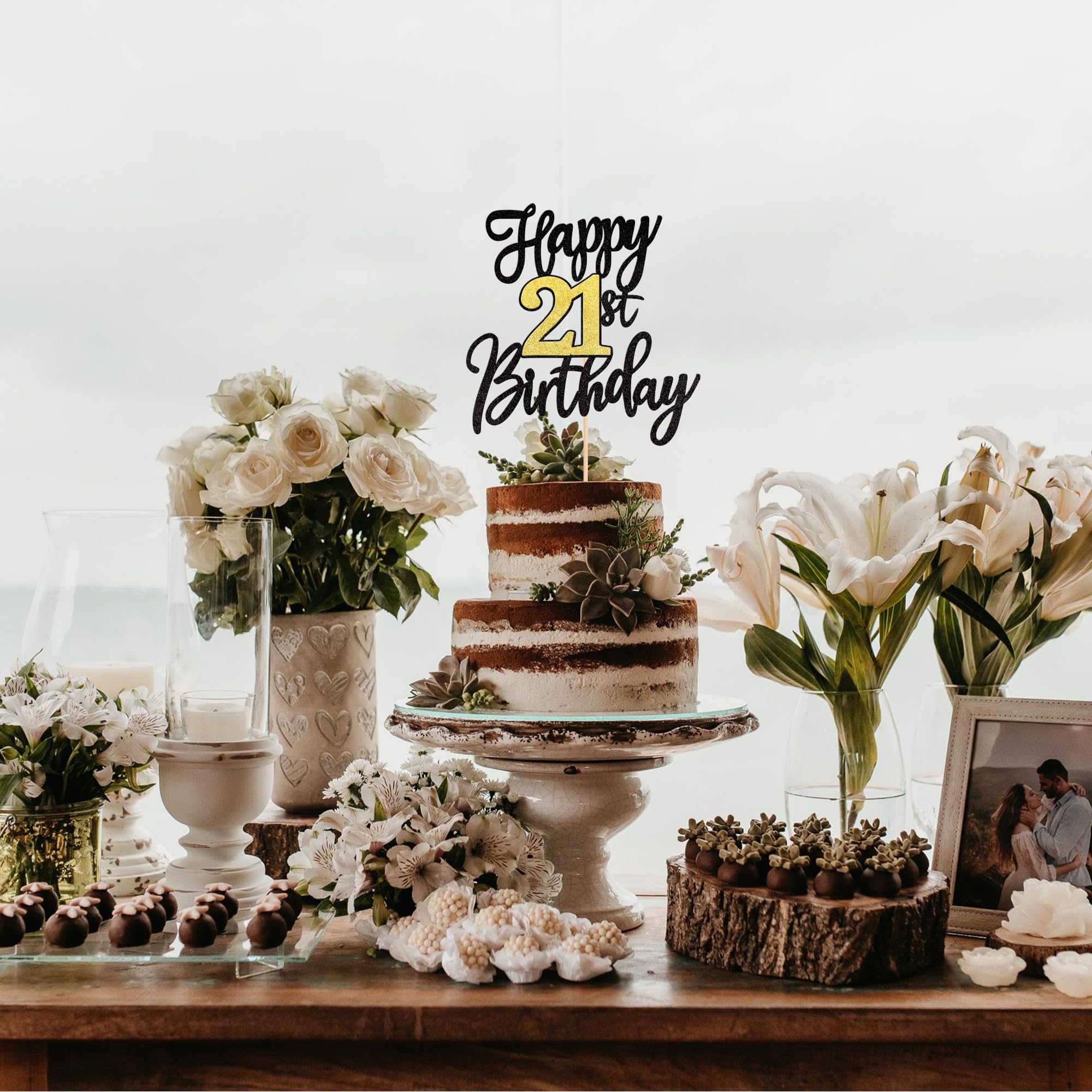 ZHUOWEISM 1 PCS Happy 21st Birthday Cake Topper – Black Gold Glitter, Cheers to 21 Years