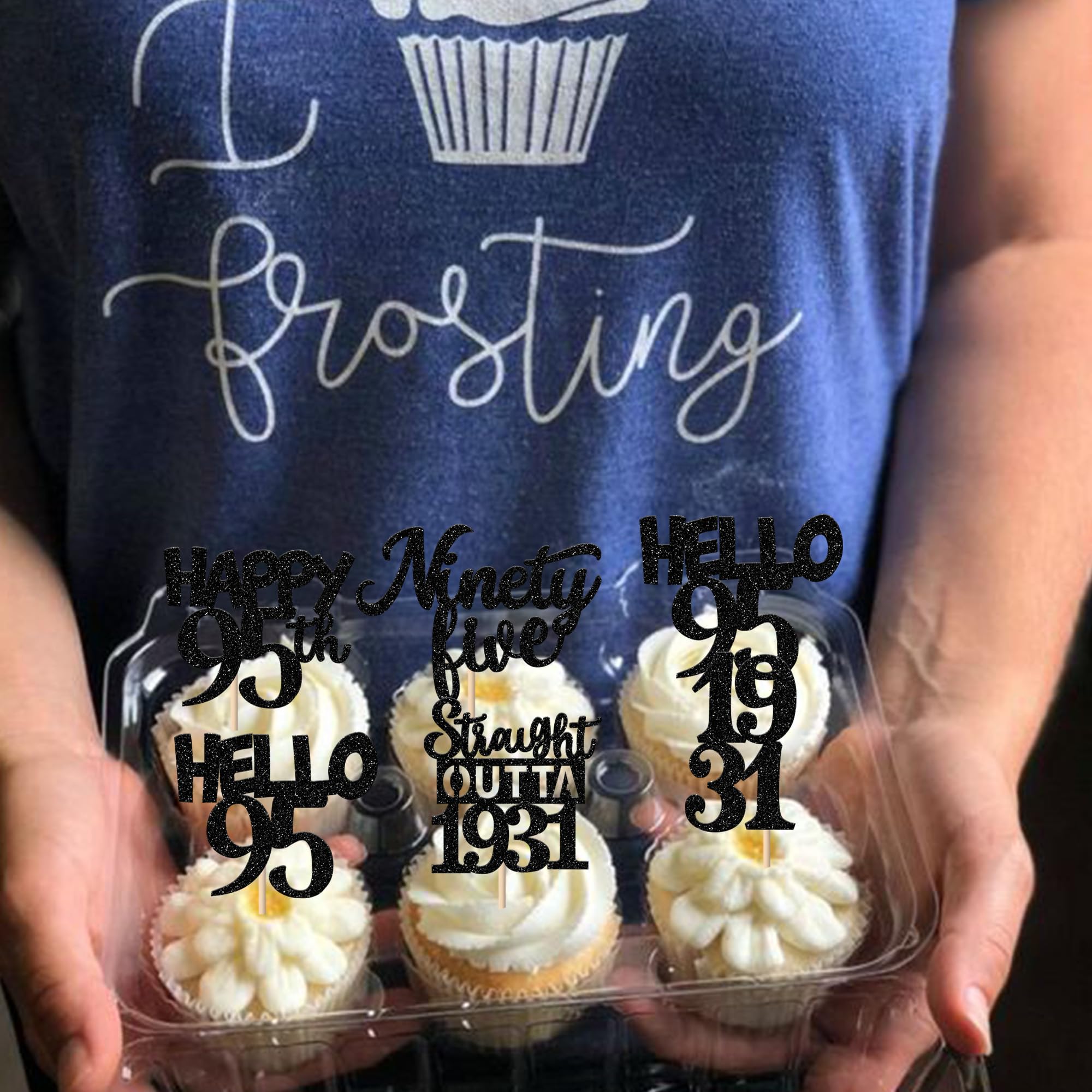 ZHUOWEISM 30-Pack Black 95th Birthday Cupcake Toppers – Glitter Nighty Five, Straight Outta 1931 Party Picks