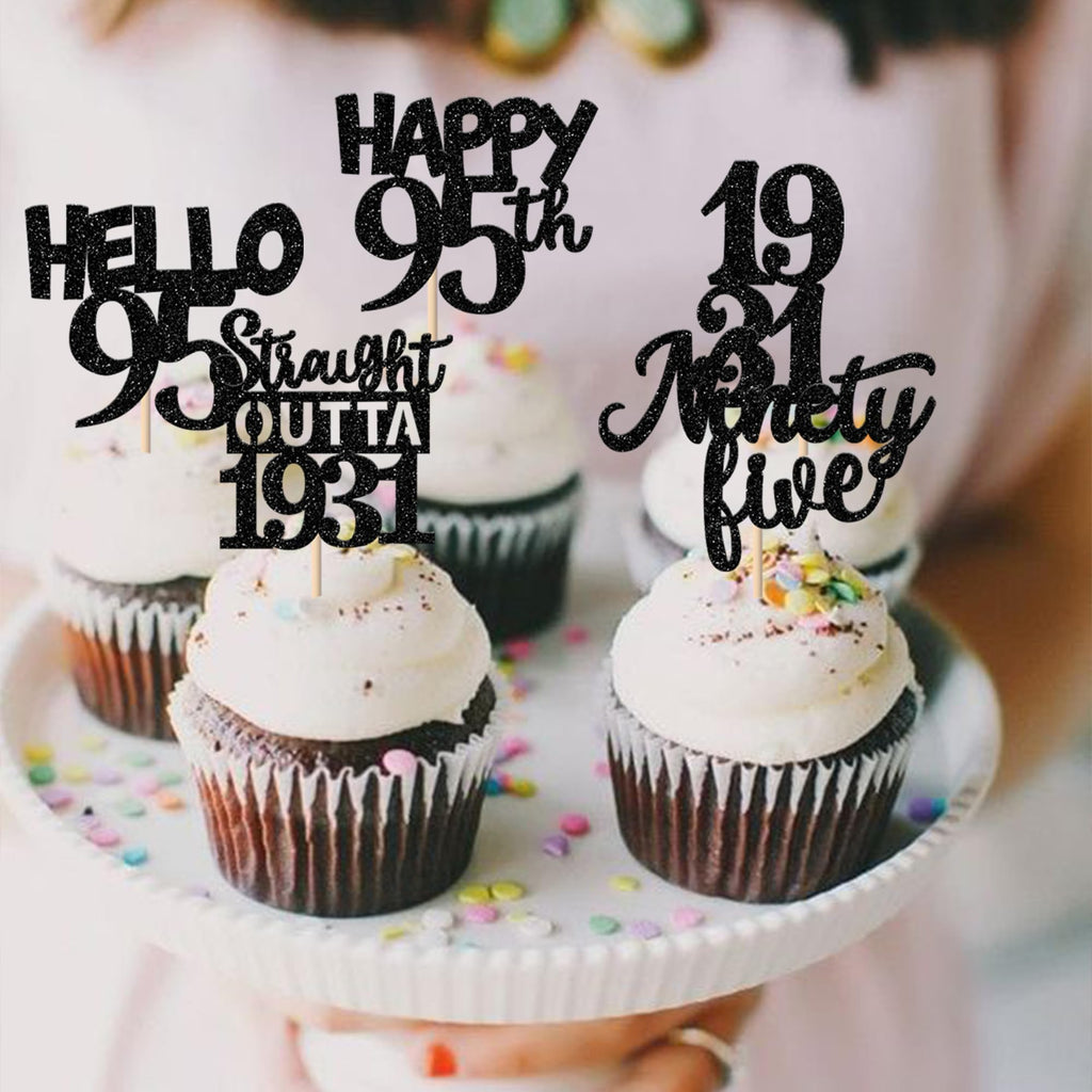 ZHUOWEISM 30-Pack Black 95th Birthday Cupcake Toppers – Glitter Nighty Five, Straight Outta 1931 Party Picks