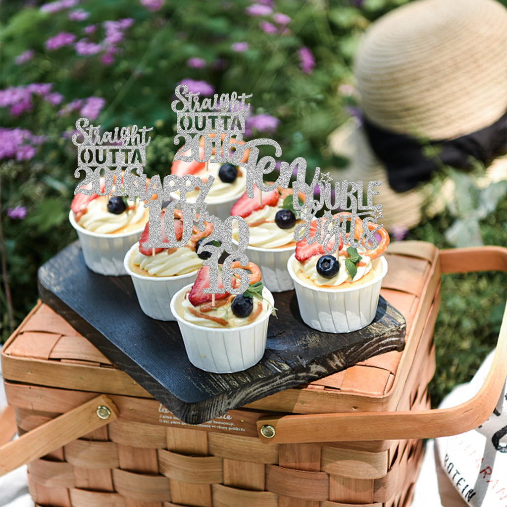 ZHUOWEISM 30Pcs Glitter Cupcake Toppers – Straight Outta 2016, 10th Birthday & Anniversary Picks, Silver