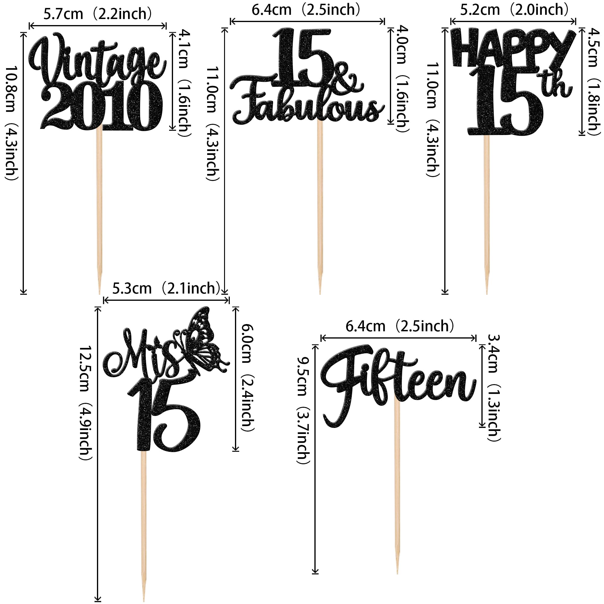 ZHUOWEISM 30pcs Happy 15th Birthday Cupcake Toppers Glitter Black – Vintage 2010 Theme Cake Decorations