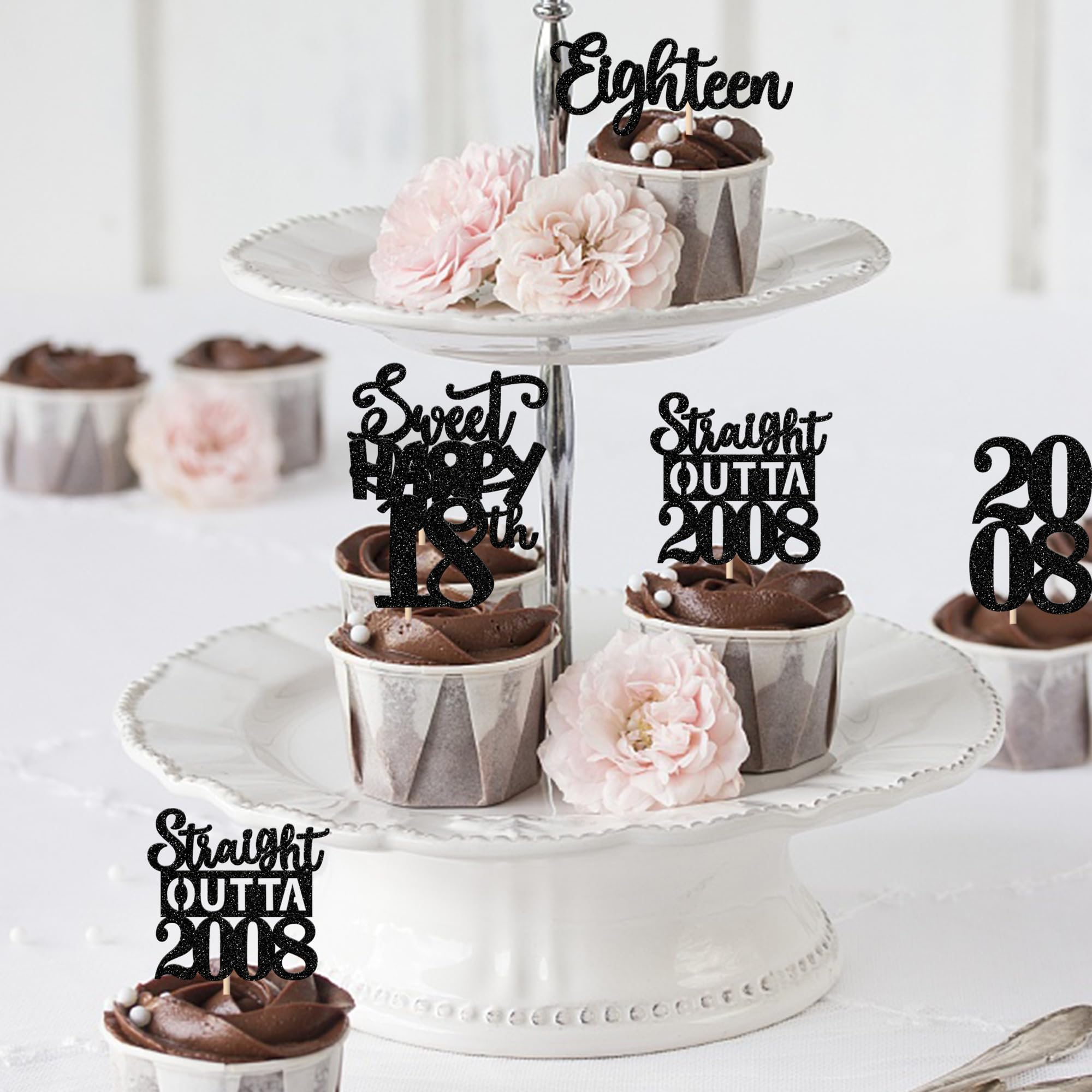 ZHUOWEISM 30Pcs Black Glitter 18th Birthday Cupcake Toppers — Straight Outta 2008 Party Decor