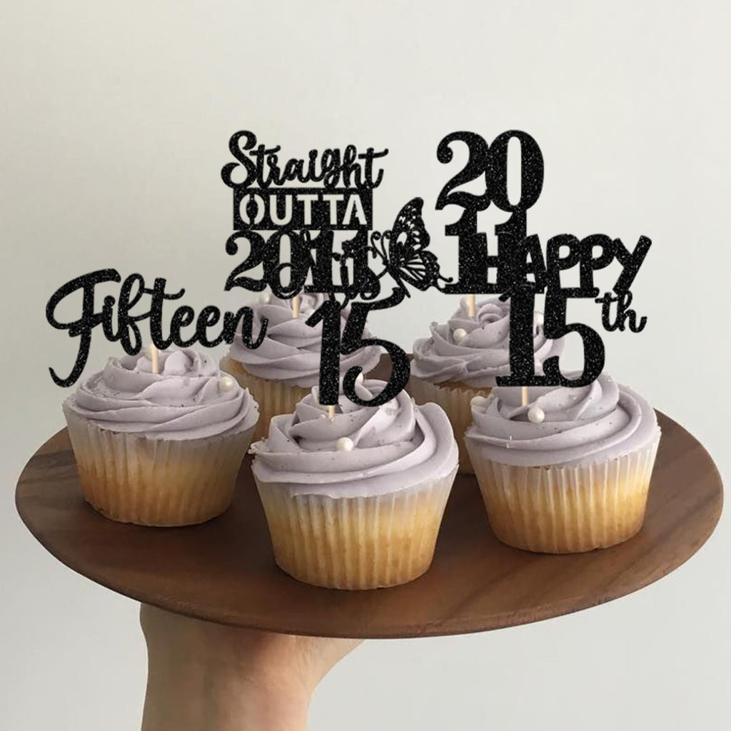 ZHUOWEISM 30Pcs Black 15th Birthday Cupcake Toppers Glitter – Straight Outta 2011