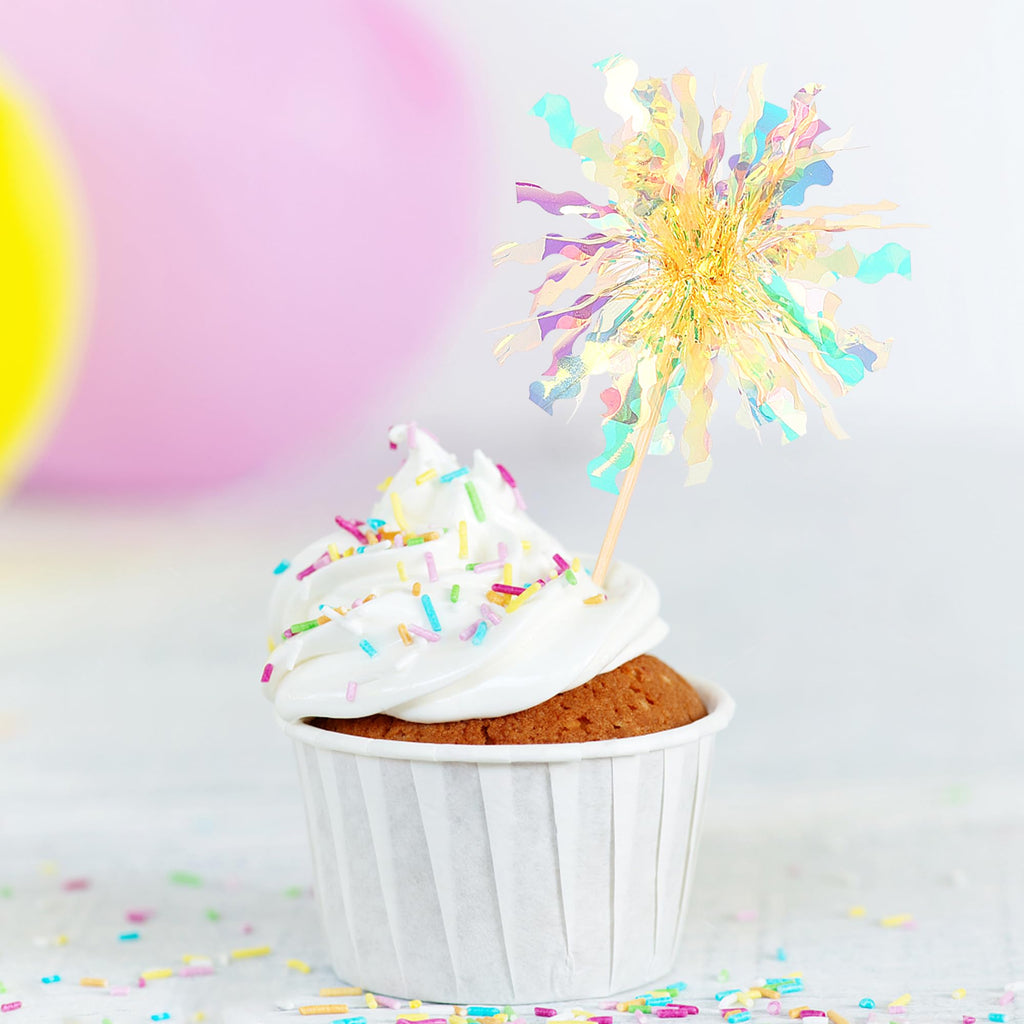 ZHUOWEISM 30 Pcs Foil Firework Cupcake Toppers – Sparkle Tinsel Picks for Birthday, Baby Shower, Graduation, Wedding