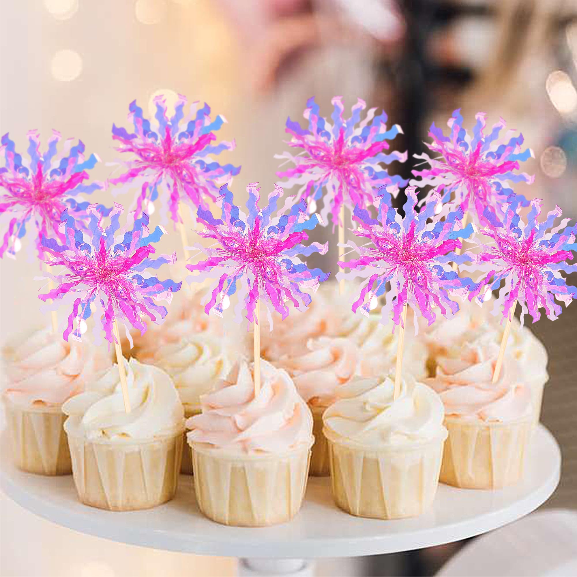 ZHUOWEISM 30 PCS Foil Firework Cupcake Toppers – Rose Red Party Decorations