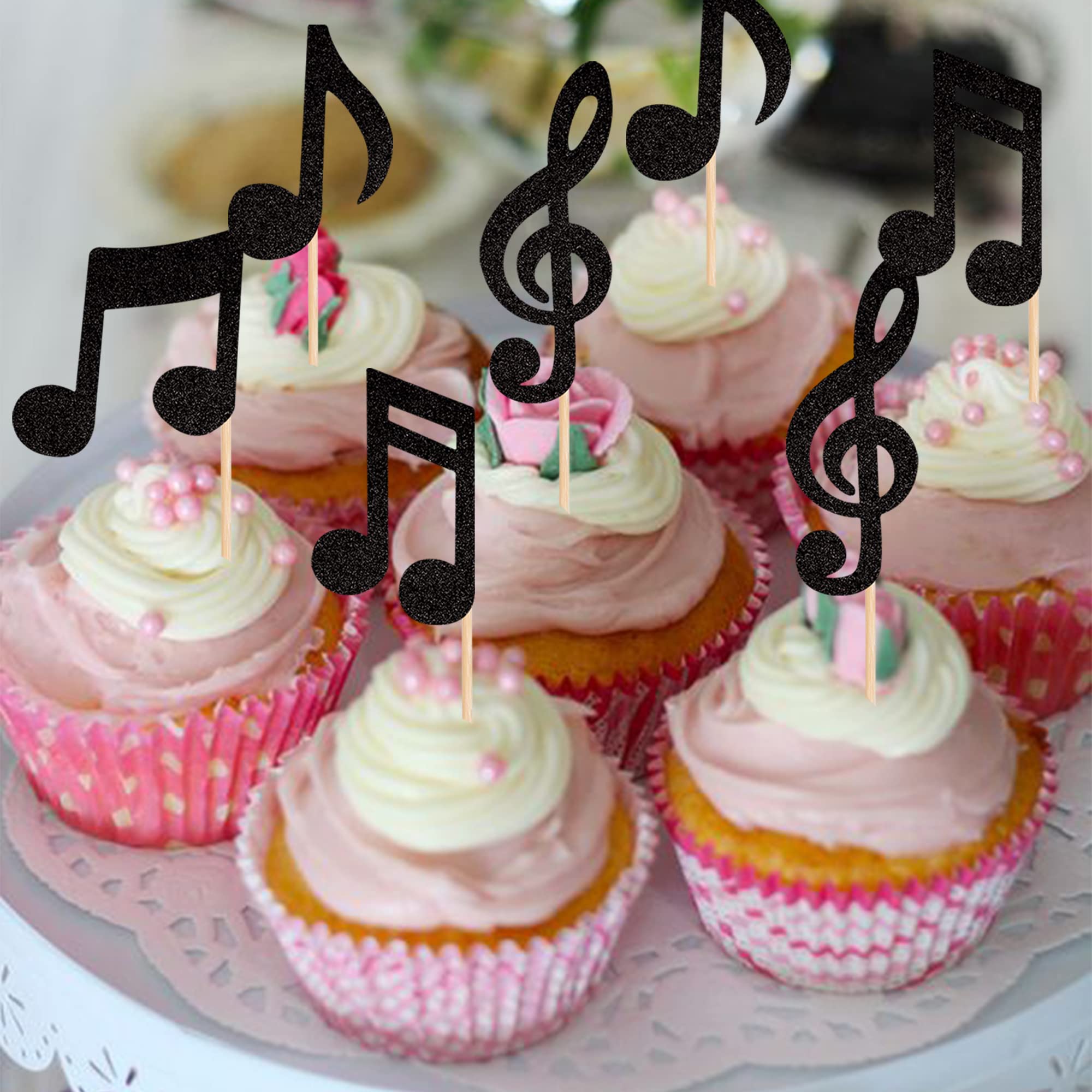 ZHUOWEISM 24-Pack Music Notes Cupcake Toppers – Black Glitter Party Picks