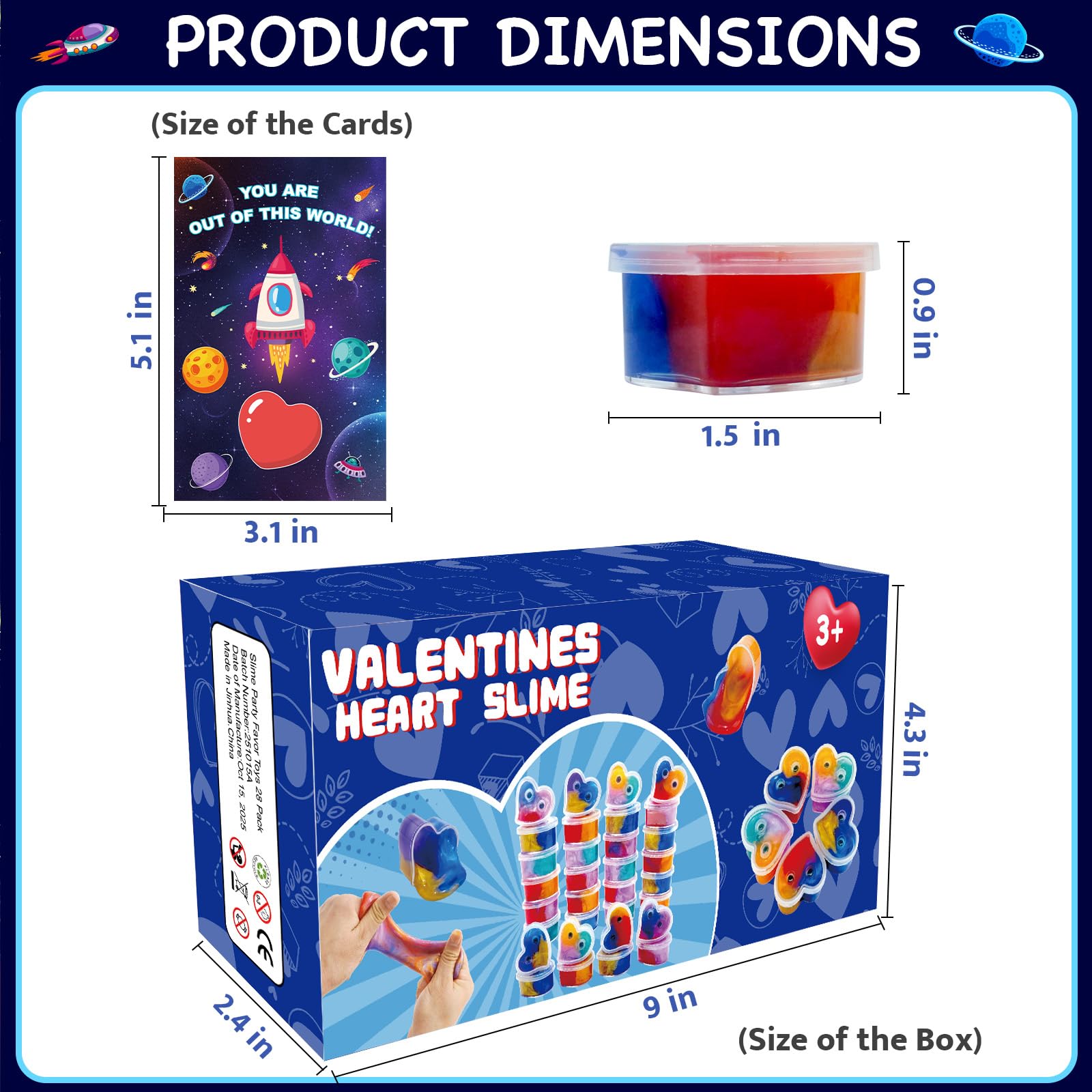 ZICZLI 28-Pack Valentines Day Gifts for Kids — Space Galaxy Slime with Cards | Classroom Party Favors