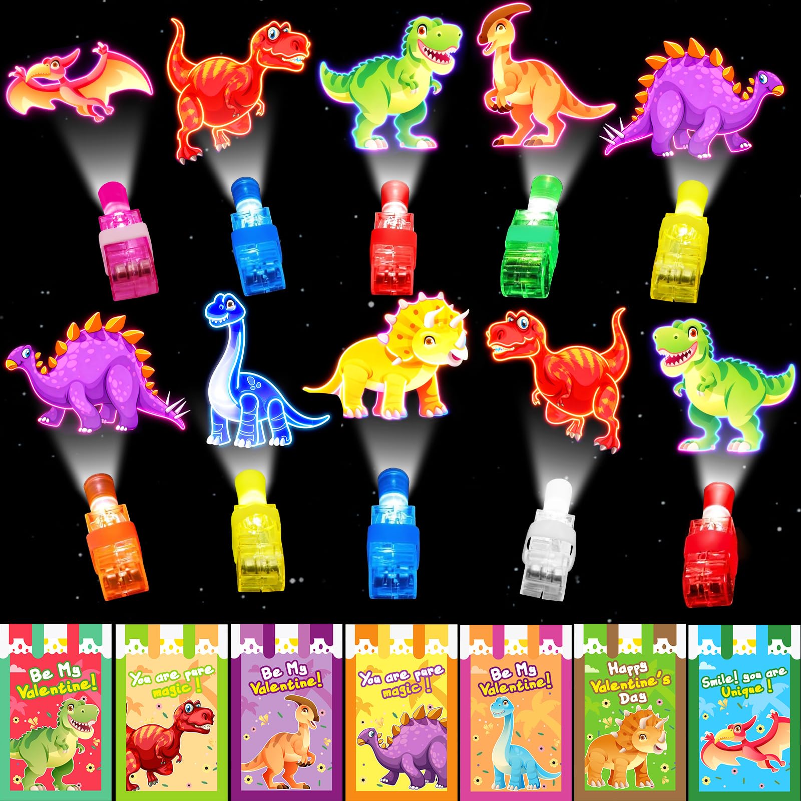 ZICZLI 28-Pack Dinosaur Valentines with LED Finger Lights – Classroom Gifts & Party Favors