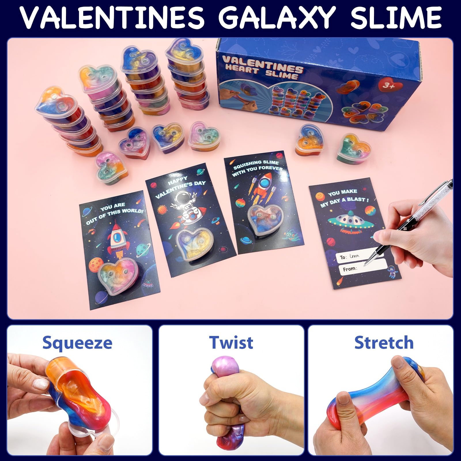 ZICZLI 28-Pack Valentines Day Gifts for Kids — Space Galaxy Slime with Cards | Classroom Party Favors
