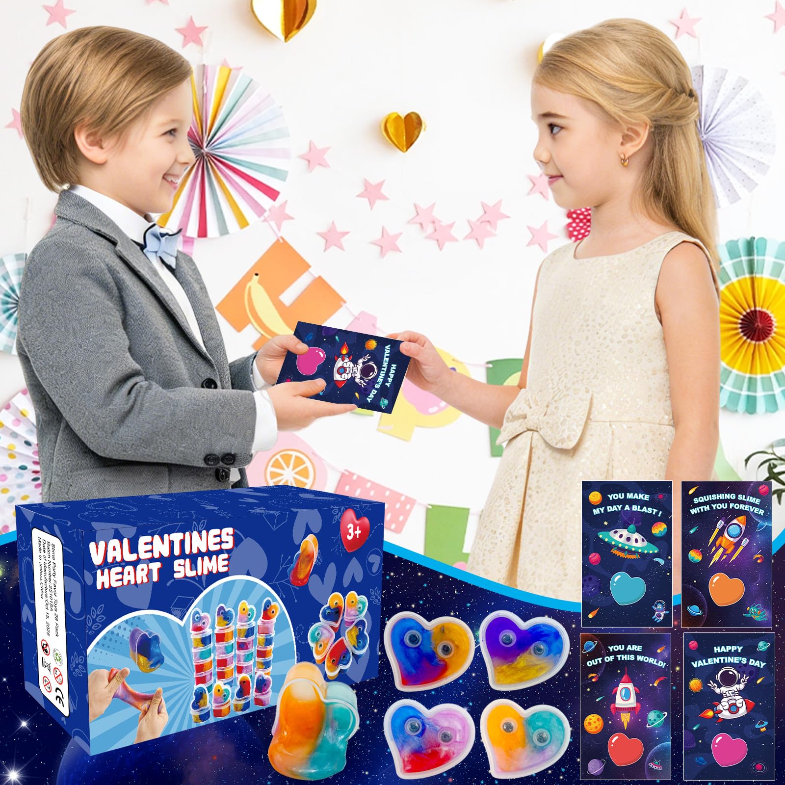 ZICZLI 28-Pack Valentines Day Gifts for Kids — Space Galaxy Slime with Cards | Classroom Party Favors