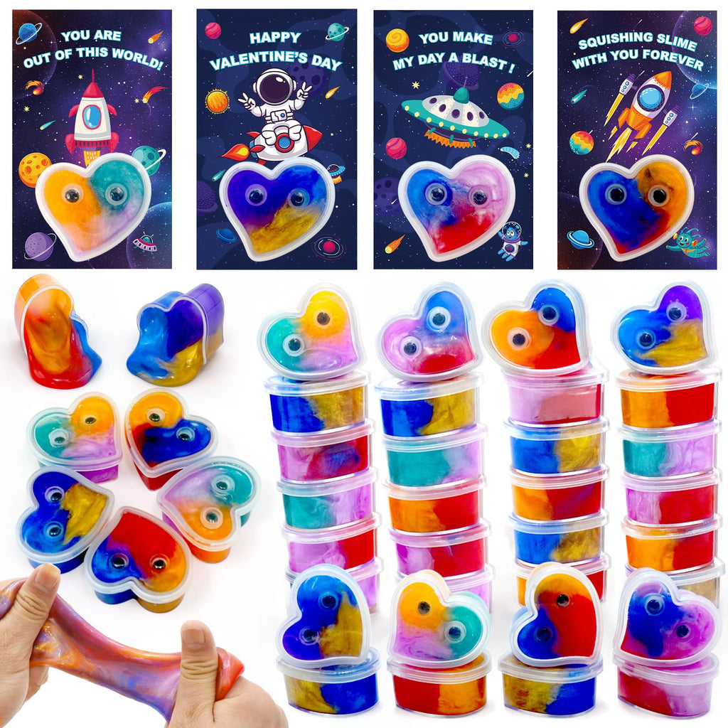 ZICZLI 28-Pack Valentines Day Gifts for Kids — Space Galaxy Slime with Cards | Classroom Party Favors