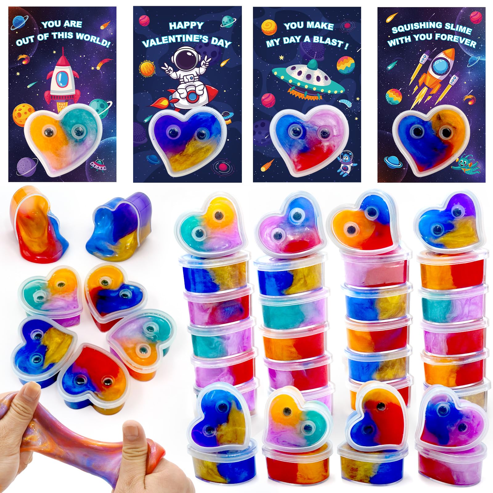 ZICZLI 28-Pack Valentines Day Gifts for Kids — Space Galaxy Slime with Cards | Classroom Party Favors