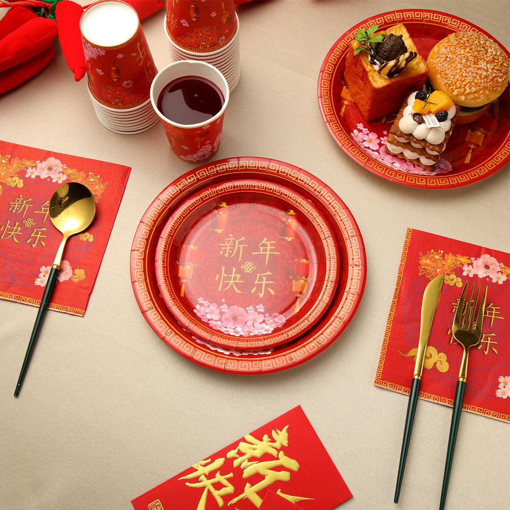 Ziliny 200-Piece Chinese New Year Party Set | Year of the Horse 2026 Plates, Cups & Napkins