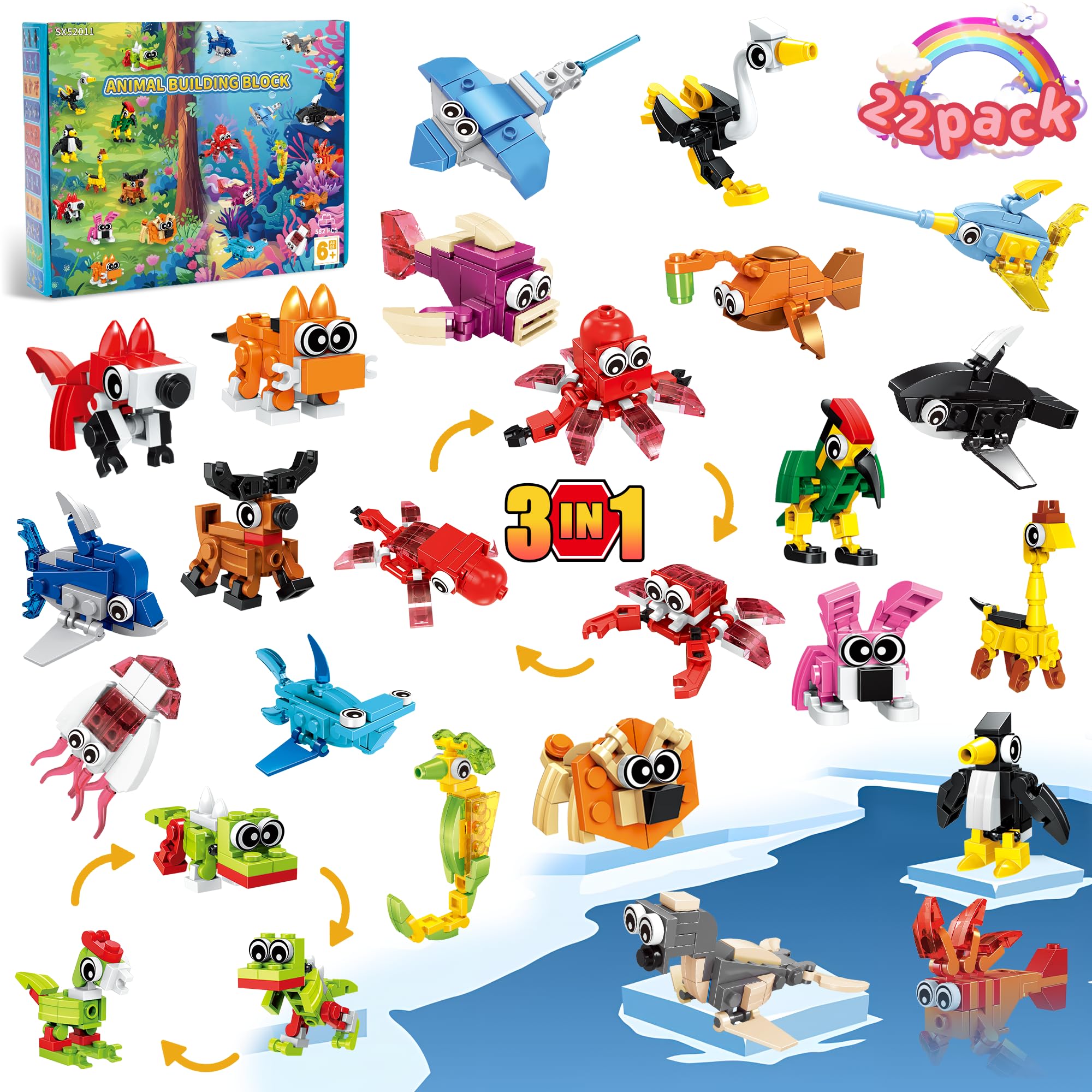 Zitetbolo 22-Pack 3-in-1 Animal Building Blocks | Party Favors & Classroom Prizes for Kids (Ages 6-12)
