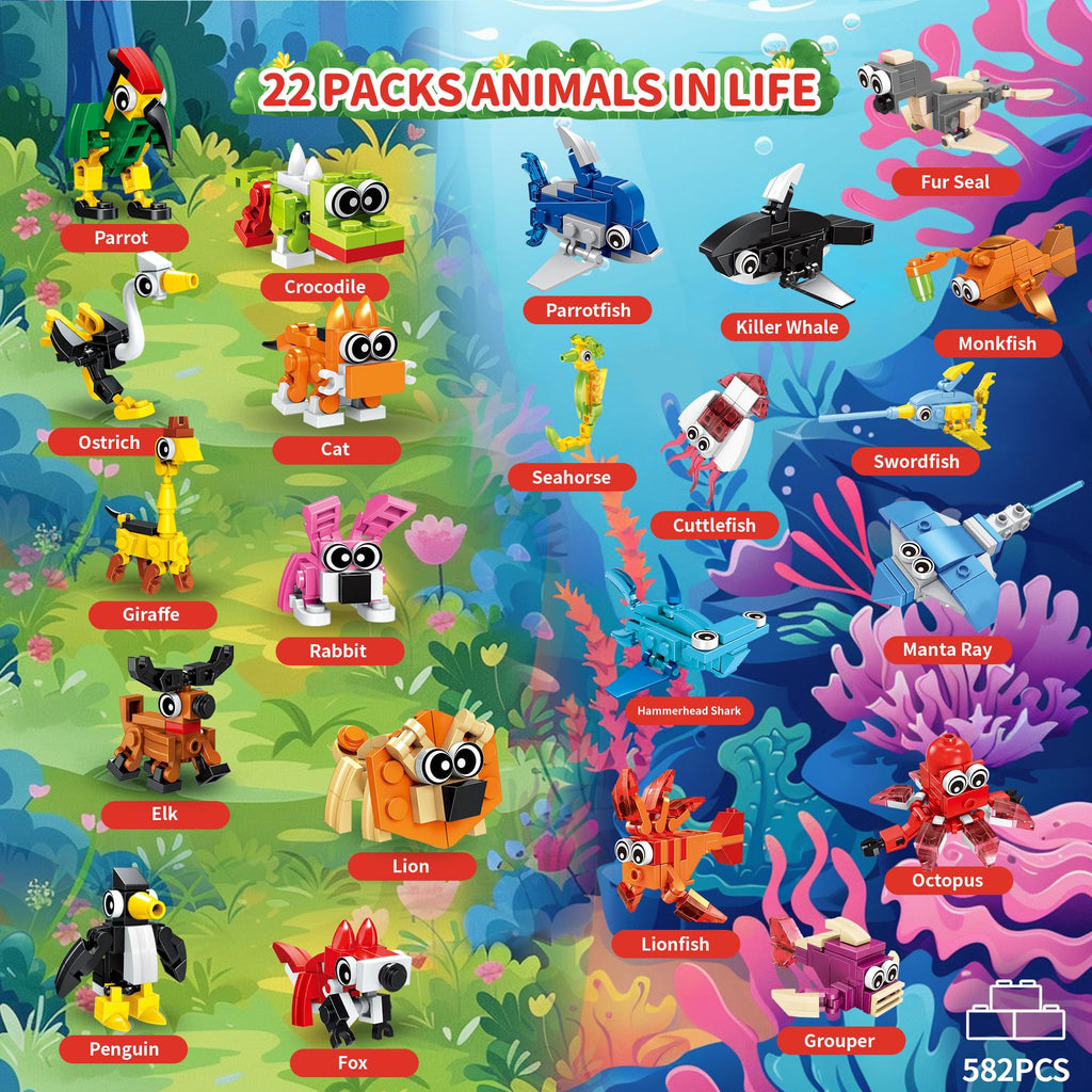 Zitetbolo 22-Pack 3-in-1 Animal Building Blocks | Party Favors & Classroom Prizes for Kids (Ages 6-12)