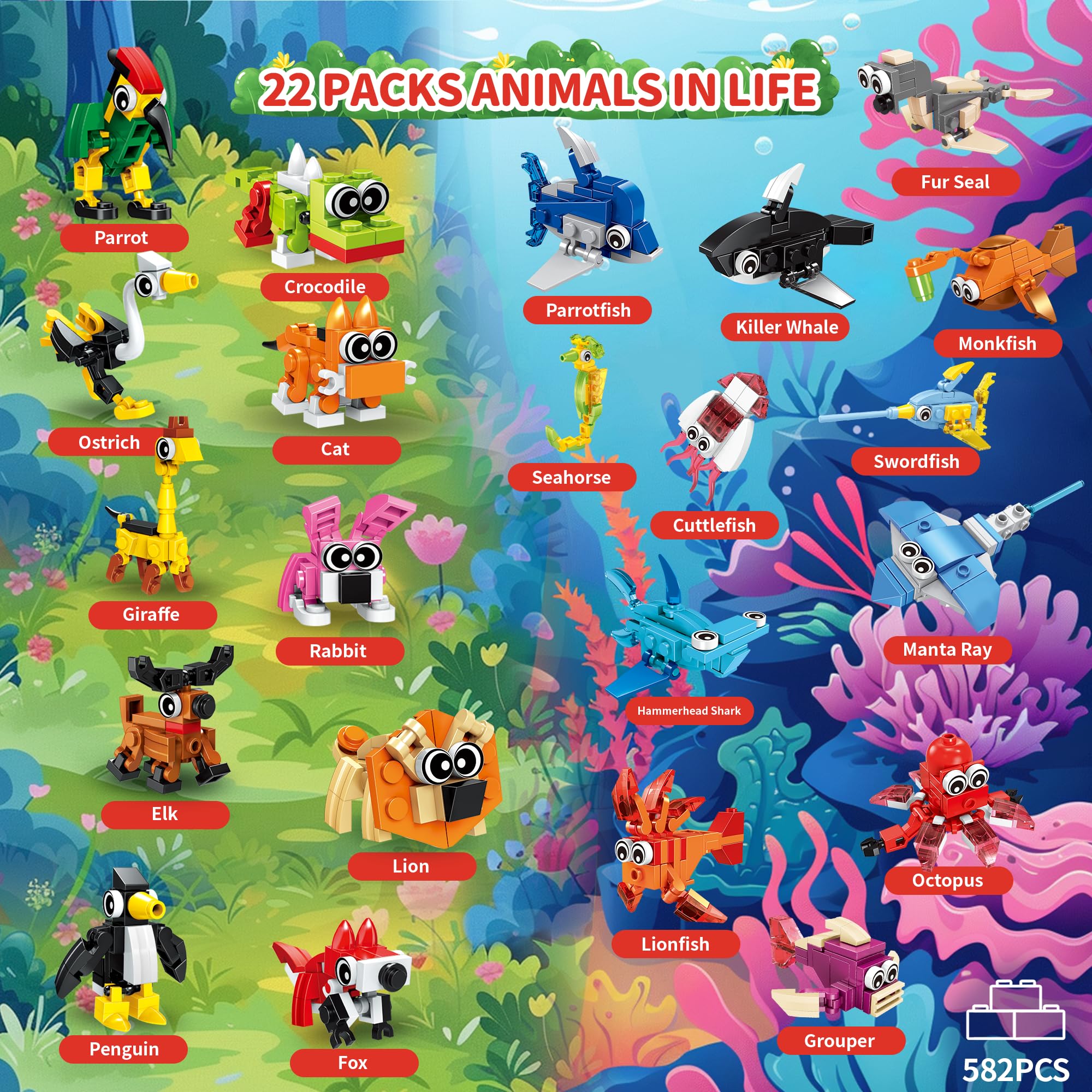 Zitetbolo 22-Pack 3-in-1 Animal Building Blocks | Party Favors & Classroom Prizes for Kids (Ages 6-12)