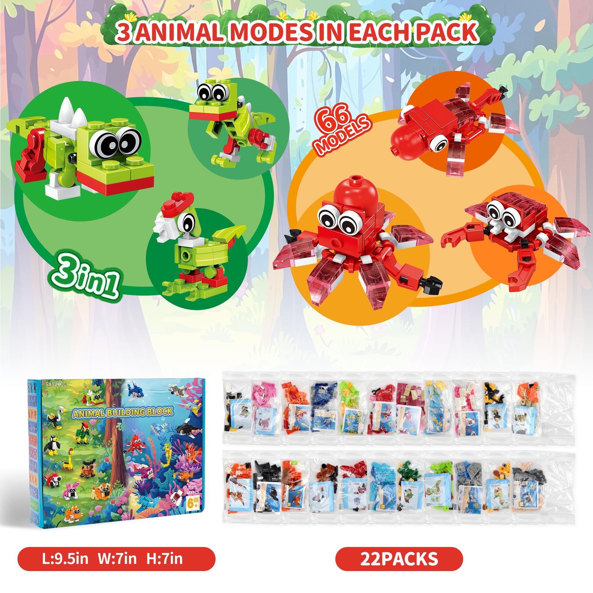 Zitetbolo 22-Pack 3-in-1 Animal Building Blocks | Party Favors & Classroom Prizes for Kids (Ages 6-12)