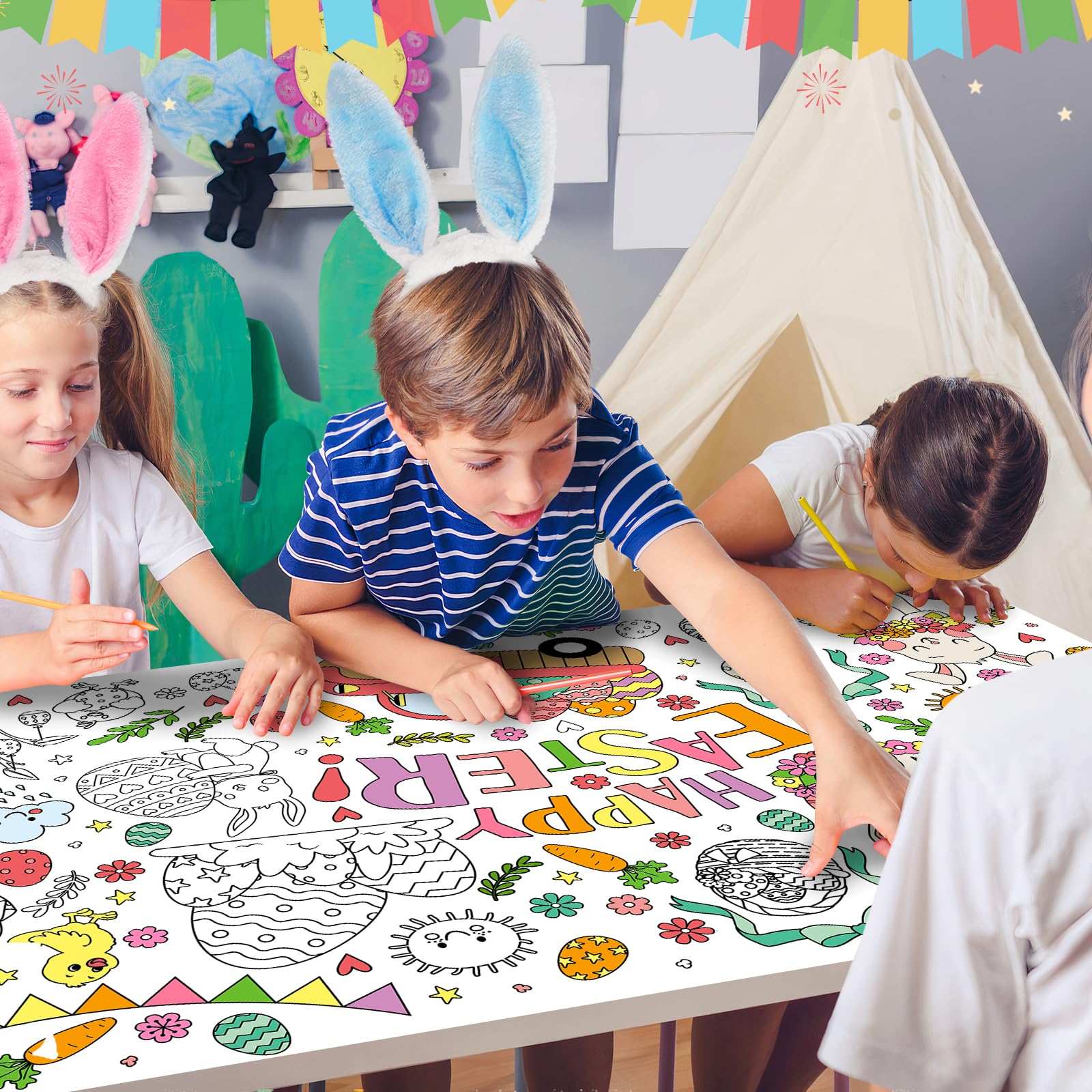 ZIZICG Easter Giant Coloring Poster – 53x33 in Table Cover, Kids Craft Poster & Party Banner