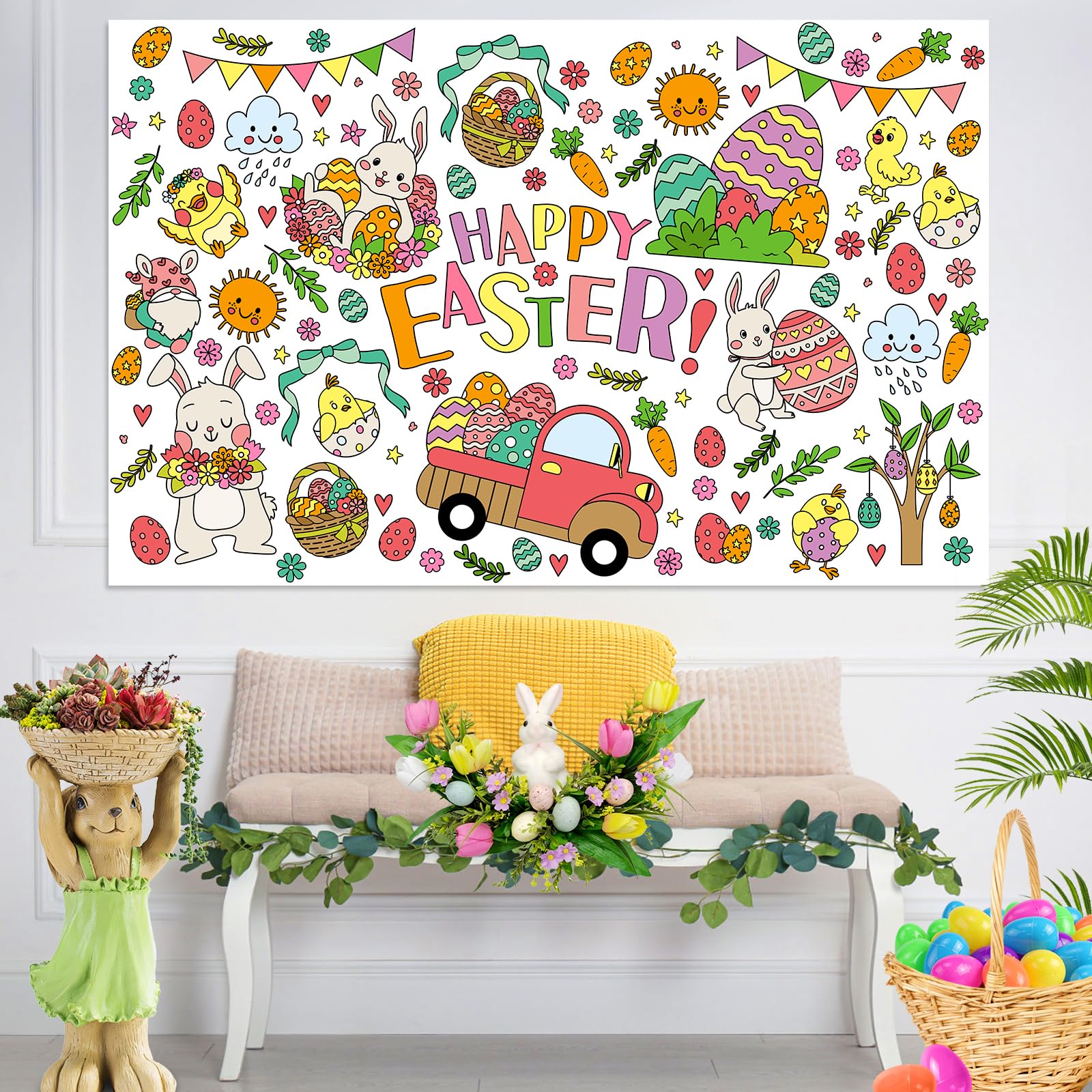 ZIZICG Easter Giant Coloring Poster – 53x33 in Table Cover, Kids Craft Poster & Party Banner
