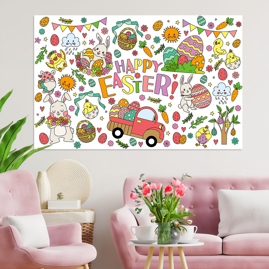 ZIZICG Easter Giant Coloring Poster – 53x33 in Table Cover, Kids Craft Poster & Party Banner